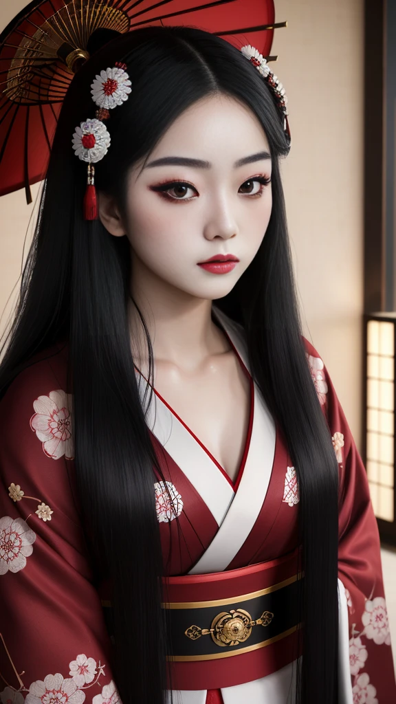 Masterpiece, Japanese teenage girl, long black hair, gorgeous face, black eyes, highly detailed eyes, ancient cosmetic make-up, red and white kimono, Japanese shrine background, gothic portrait, 30k, Exquisite clothing details, high detail, perfect lighting, cinematic lighting, sharp focus.