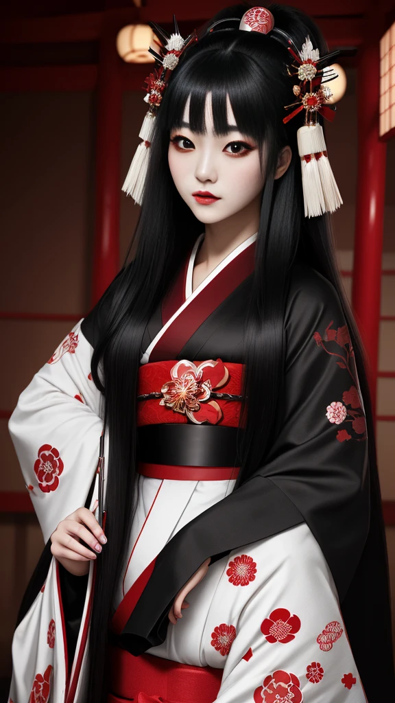 Masterpiece, Japanese teenage girl, long black hair, gorgeous face, black eyes, highly detailed eyes, ancient cosmetic make-up, red and white kimono, Japanese shrine background, gothic portrait, 30k, Exquisite clothing details, high detail, perfect lighting, cinematic lighting, sharp focus.