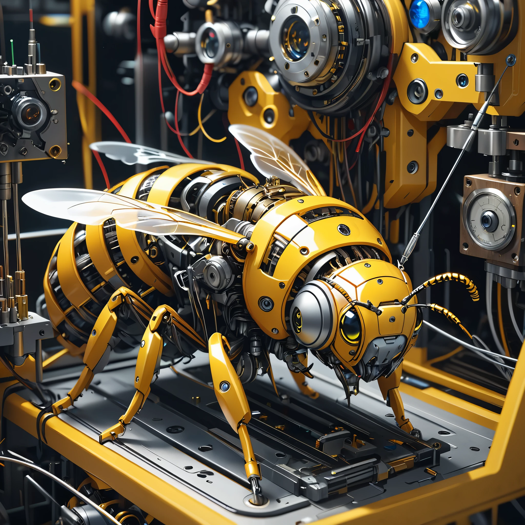 mechanical creatures, Bee, precision instruments, machines, machine parts, LED eyes, wire cables, (ultra detailed, absolutely resolution, best quality:1.3), 2.5D, delicate and dynamic, artistic photography, hyper realistic, graphic CG digital art