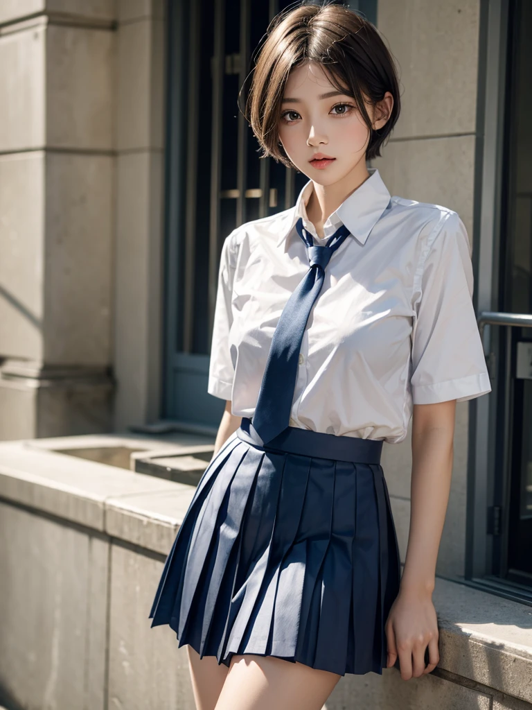Wearing school uniform，Blue ultra-short pleated skirt，Close-up shot of short-haired girl in women&#39;s leather shoes holding samurai sword and fighting in battlefield，Full body close-up，Fighting Stance，There are a lot of people around