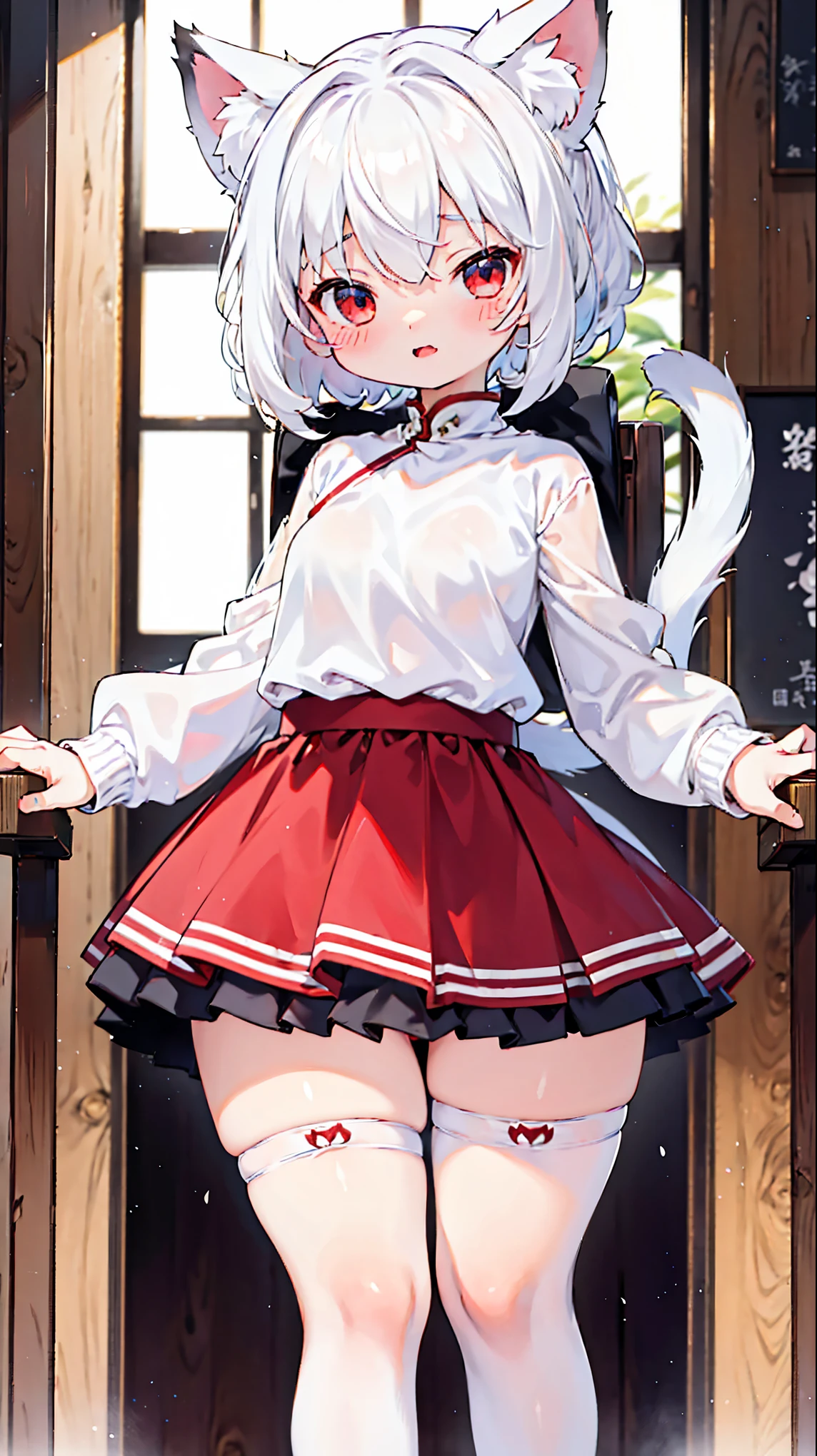 Cat Girl，白毛Cat Girl，Double tail，Double tail，Double tail，Double tail发型，Cat ear，Cat ear，大Cat ear，cute，loli，Loli，Lively  girl，Young，Short stature，Short stature体态，Young体态，cute，Juvenile，White hair，Indoor background，cute，Red eyes，Red pupil，Double tail，dress，Kinderen style，dress，粉色sweater，sweater，Pleated Skirt，Pleated Skirt，Thick thighs，Fleshy thighs，Wide hips部，Wide hips，meaty thighs，Fleshy thighs，Wide hips部，Chubby，Front view，Horizontal viewing angle，Close-up above the waist，身体Front view