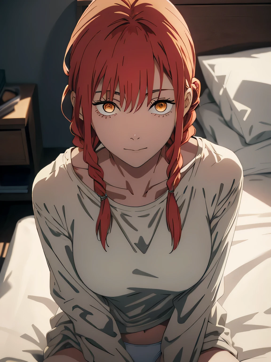 hand \(Chainsaw Man\),, One Girl, only, sit, Redhead, Long braided hair, Golden Eyes,(( show off breast )), Mid-chest, full open white shirt, perfect navel, Perfect collarbone, (White panties:1.5), (just:1.2), look up , (close:1.3), , Upper Body, Highest quality, Glowing Skin, Highest quality, High resolution, , bed