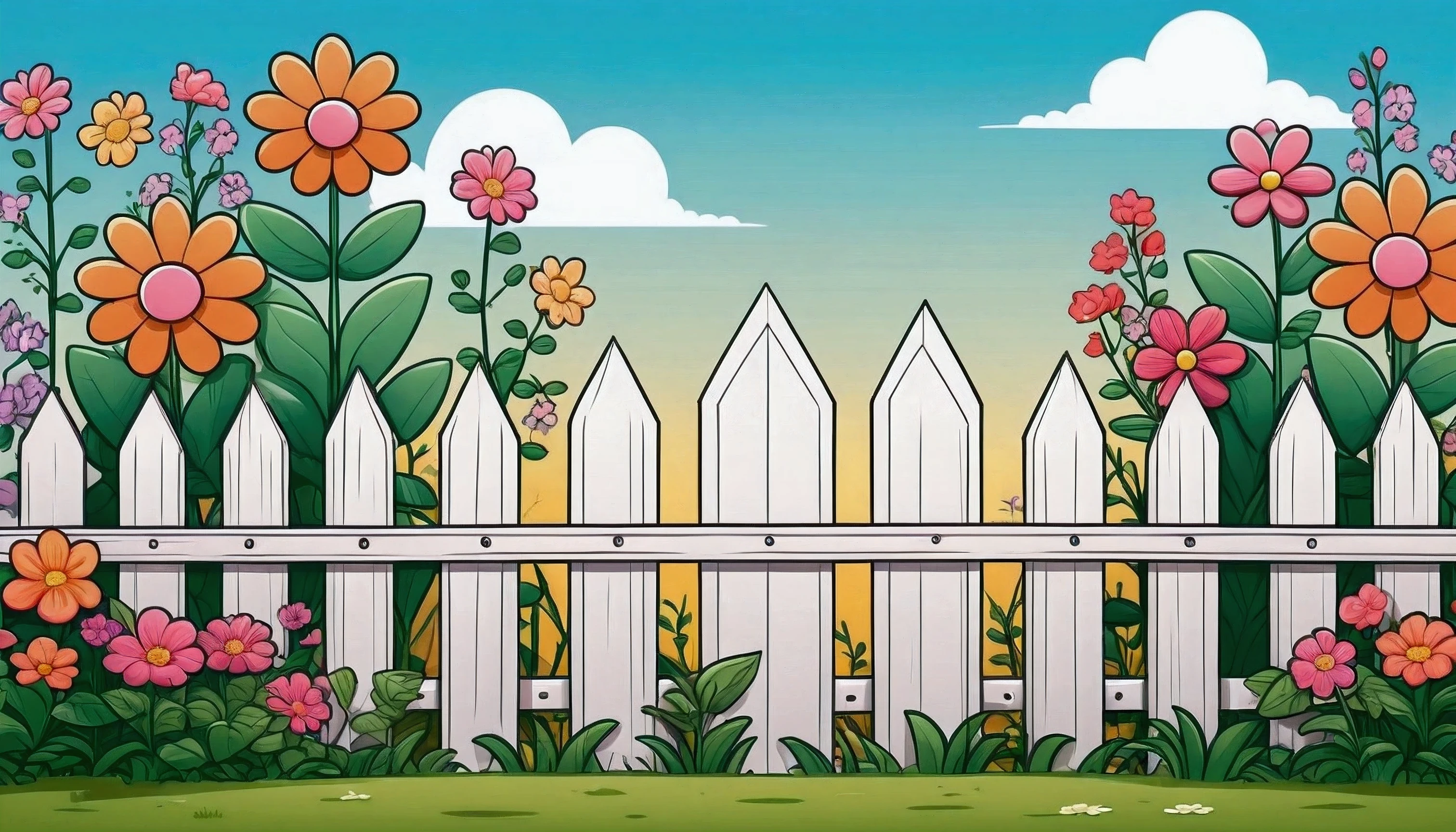 Gardening, cute garden fence, few big flowers, cartoon style, Coloring baby Sharp thick lines. kawaii, simple and low details, vivid colors