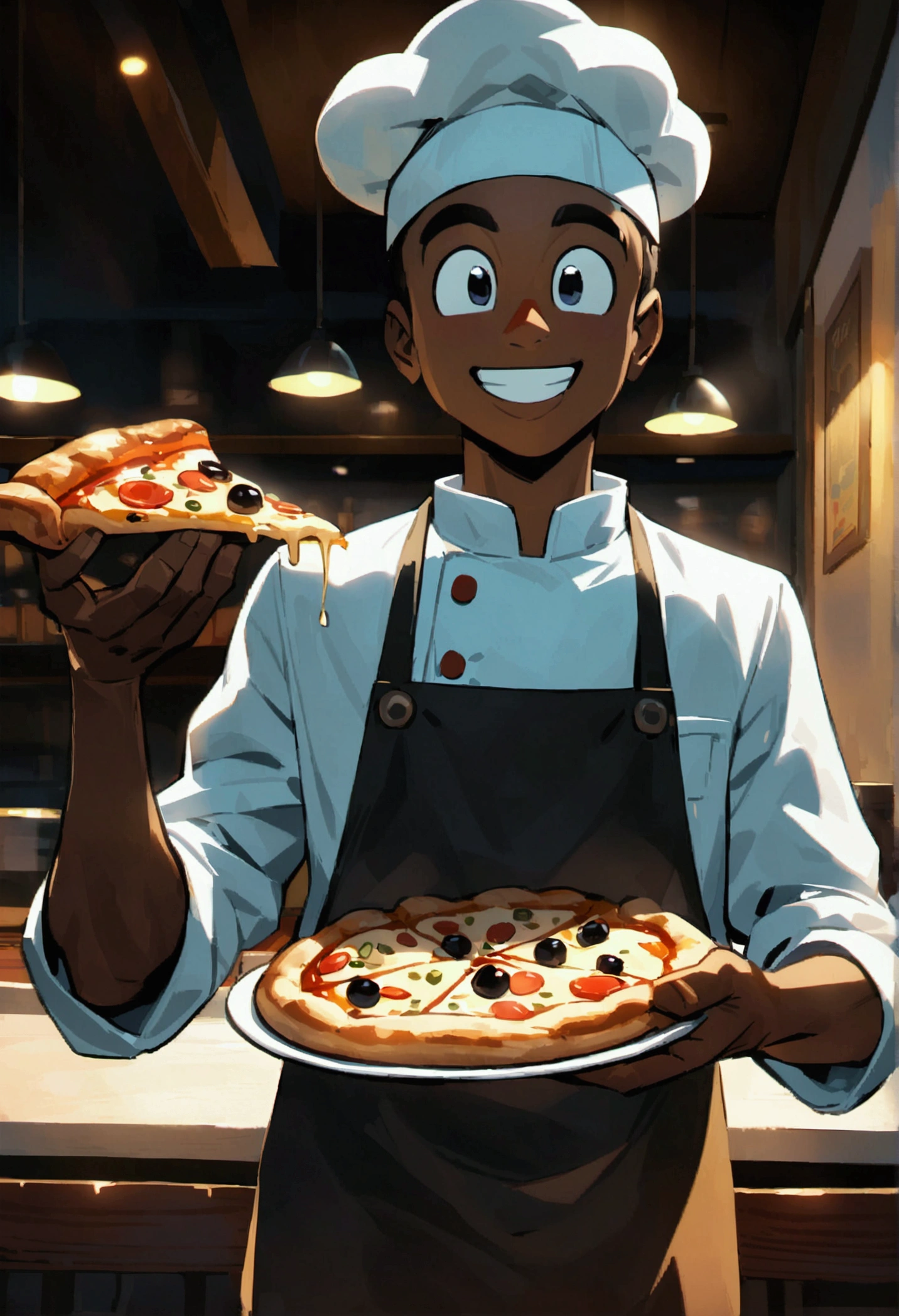 Disney Pixar inspired character of a black pizza boy with a white cap, chef shirt, He is smiling, Holding a pizza in hand inside a restaurant