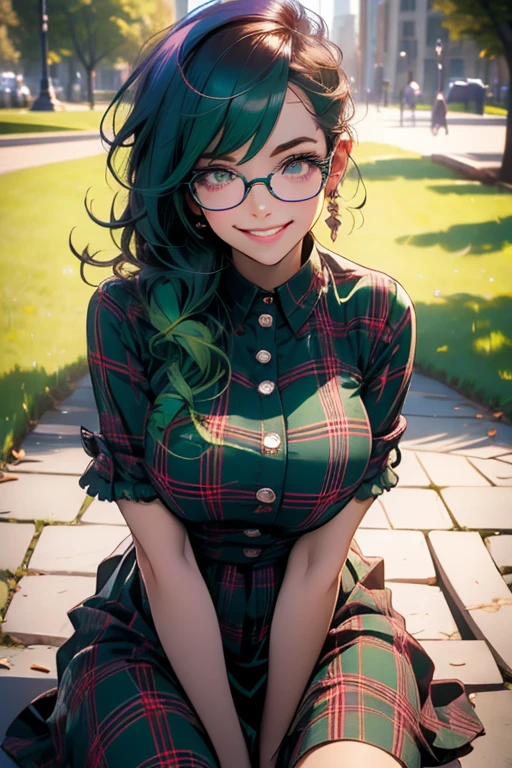 Perfect face. Perfect hands. A green haired woman with violet eyes and glasses with an hourglass figure in a plaid dress is sitting in the park with with a big smile