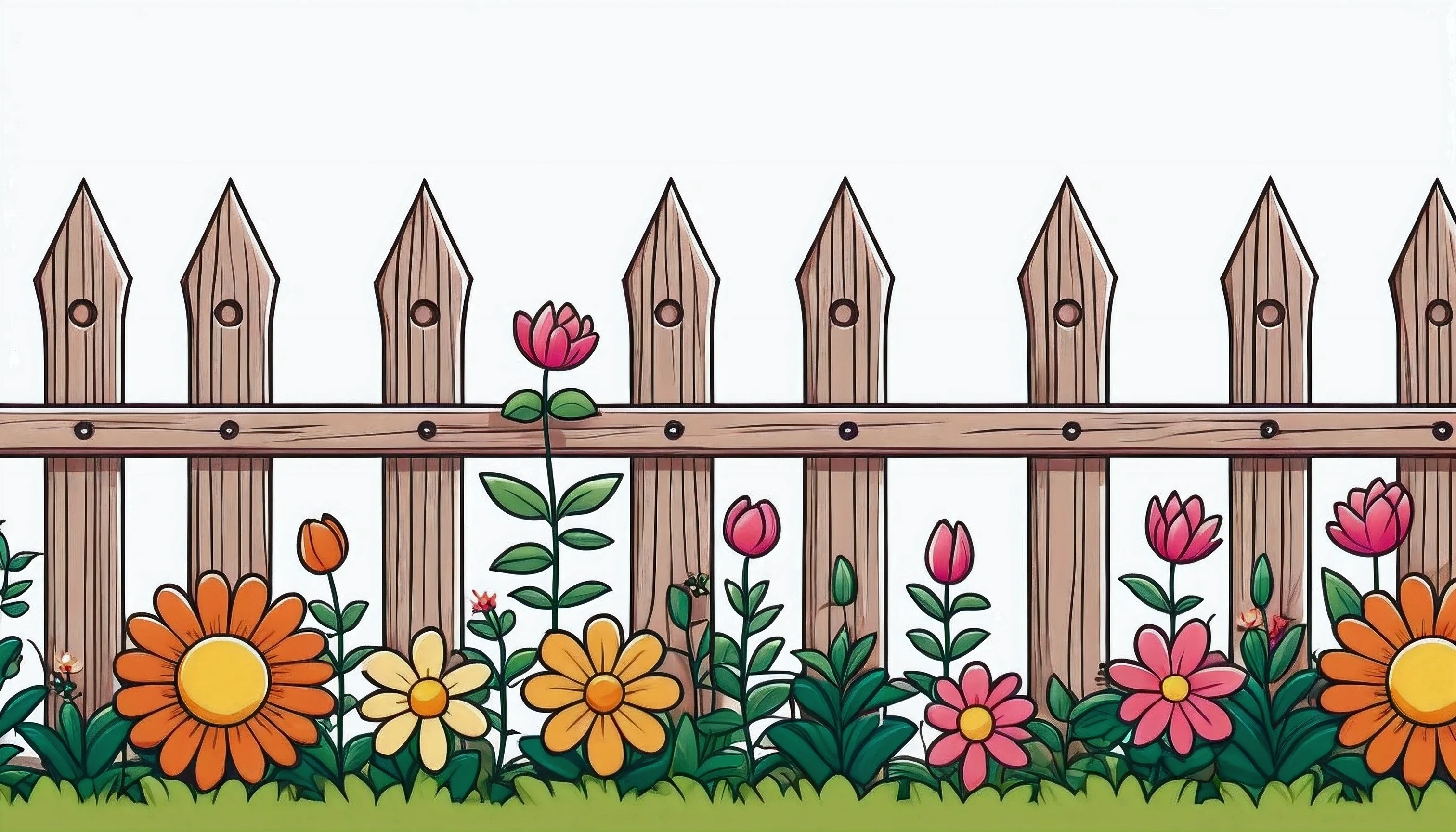 Gardening, cute garden fence, few big flowers, cartoon style, Coloring baby Sharp thick lines. kawaii, simple and low details, vivid colors