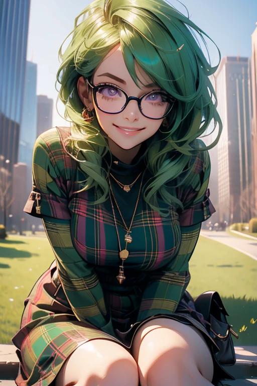Perfect face. Perfect hands. A green haired woman with violet eyes and glasses with an hourglass figure in a plaid dress is sitting in the park with with a big smile
