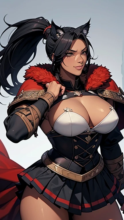 solo, female, sfw, close up, strong, dark skin, long messy hair, black hair, high ponytail, hazel eyes, black lynx ears, black lynx tail, muscular, regal armor, large breasts, competitive smile, animal hands:0.9, furred forearms, red cape, battlefield, medieval, red roman skirt