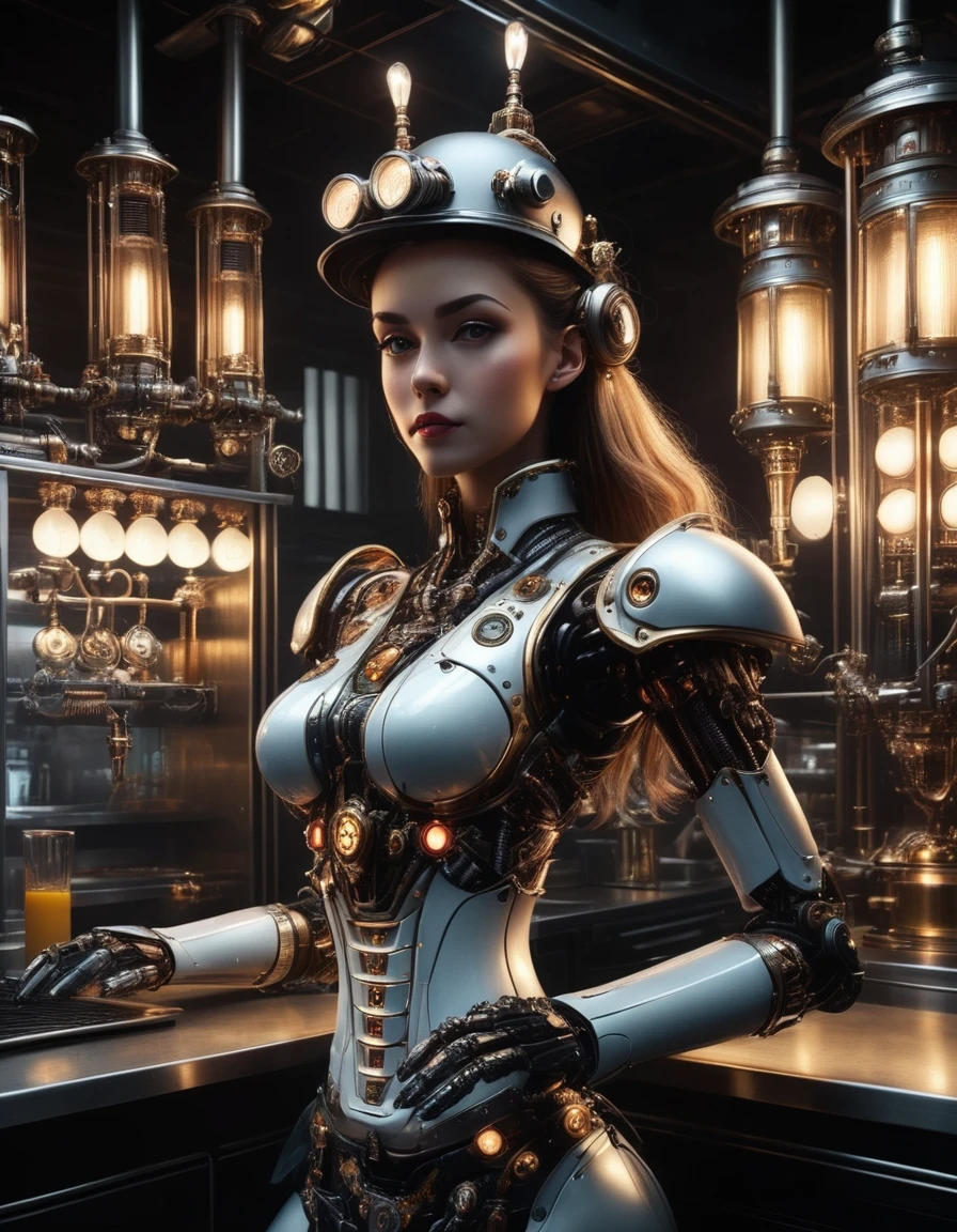 a waitress robot, cyborg waitress, android waitress, futuristic waitress, hyper-realistic cyborg waitress, high tech waitress, highly detailed cyberpunk waitress, intricate machinery waitress, glow in the dark cybernetic waitress, glowing cybernetic waitress, photorealistic cybernetic waitress, hyper detailed cybernetic waitress, photorealistic cyborg waitress, ultra detailed cyborg waitress, best quality, 4k, 8k, highres, masterpiece:1.2, ultra-detailed, realistic, photorealistic, photo-realistic:1.37, vivid colors, dramatic lighting, cinematic, concept art style, mecha, DonMSt34mPXL, faceplate, steampunknoireai
