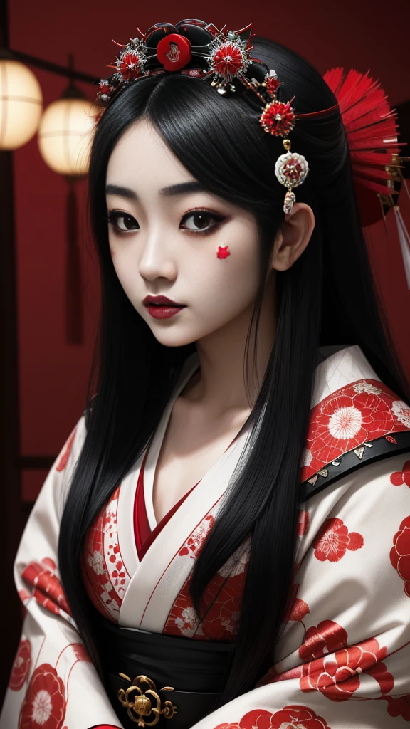 Masterpiece, Japanese age girl, long black hair, gorgeous face, black eyes, highly detailed eyes, ancient cosmetic make-up, red and white kimono, Japanese shrine background, gothic portrait, 30k, Exquisite clothing details, high detail, perfect lighting, cinematic lighting, sharp focus.