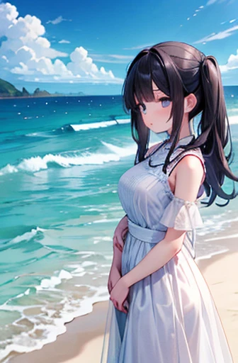 masterpiece、background((Sea side、Sandy Beach))、20-year-old、Beautiful girl、Huge 、Very intricate embroidery on the dress、Skirt、Long black hair