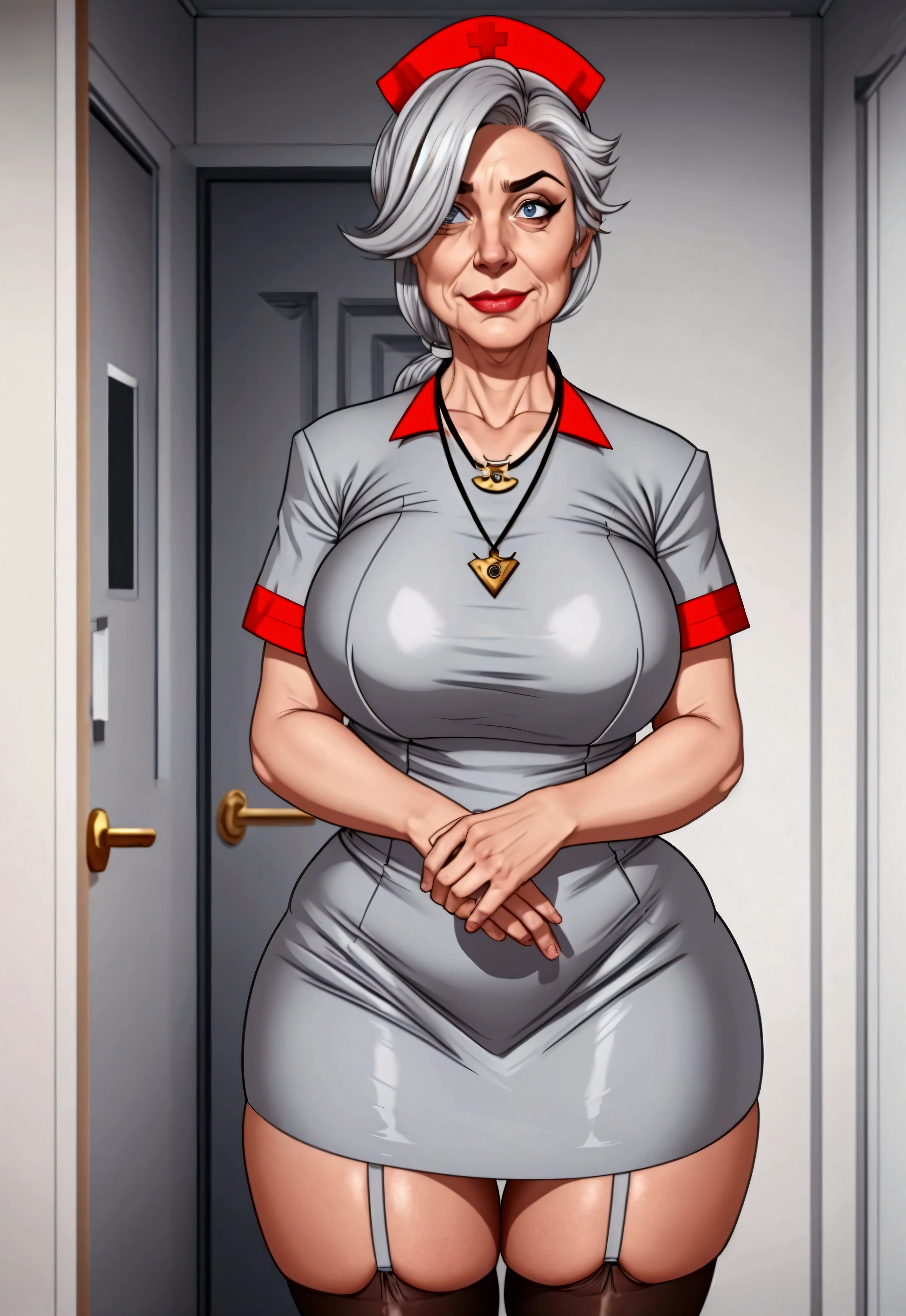 1 woman with gray hair dressed as a nurse, (Good), In a room, skin denture, neckleace, shining skin, perfect detailed eyes, Stockings, Shy and flushed face