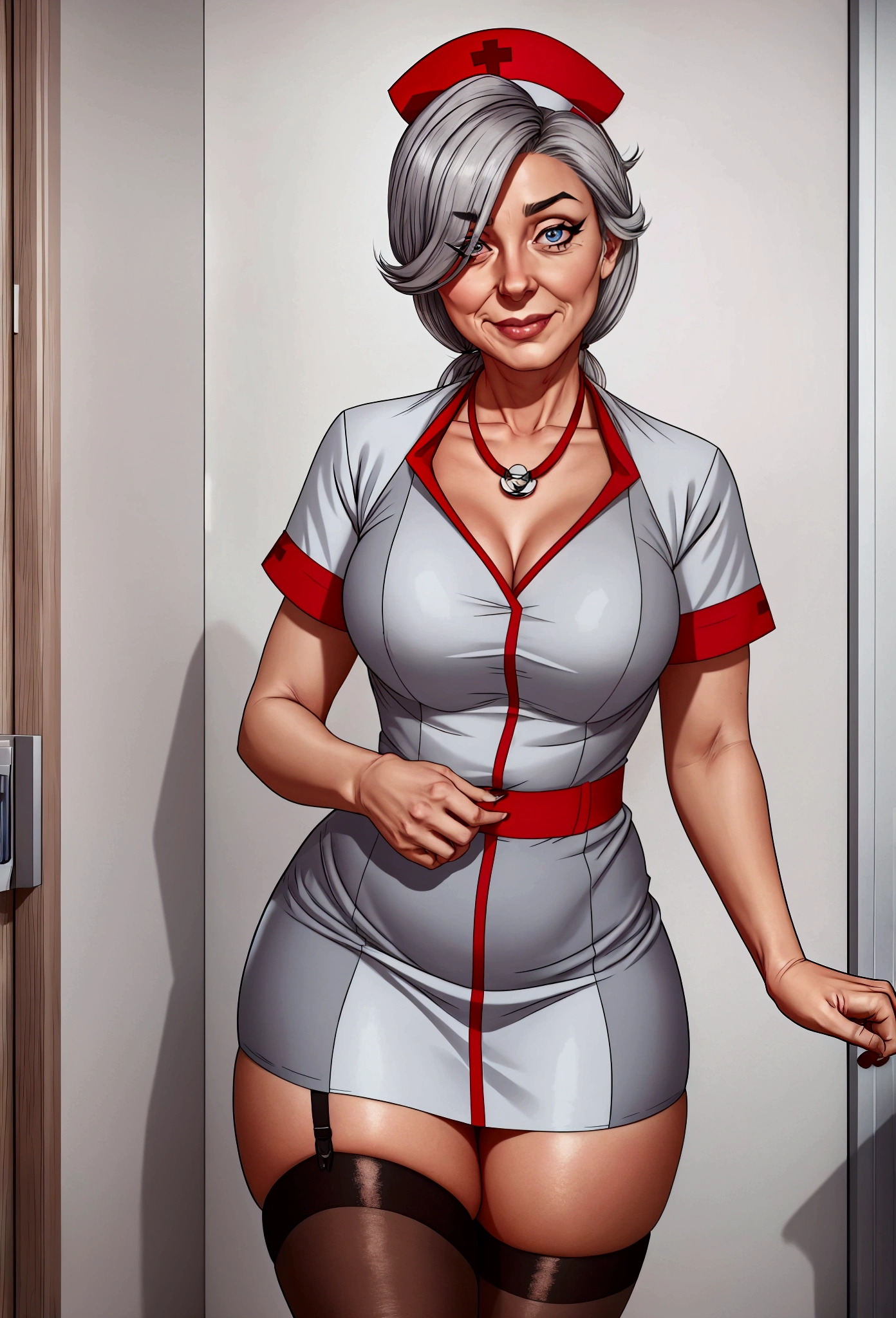 1 woman with gray hair dressed as a nurse, (Good), In a room, skin denture, neckleace, shining skin, perfect detailed eyes, Stockings, Shy and flushed face