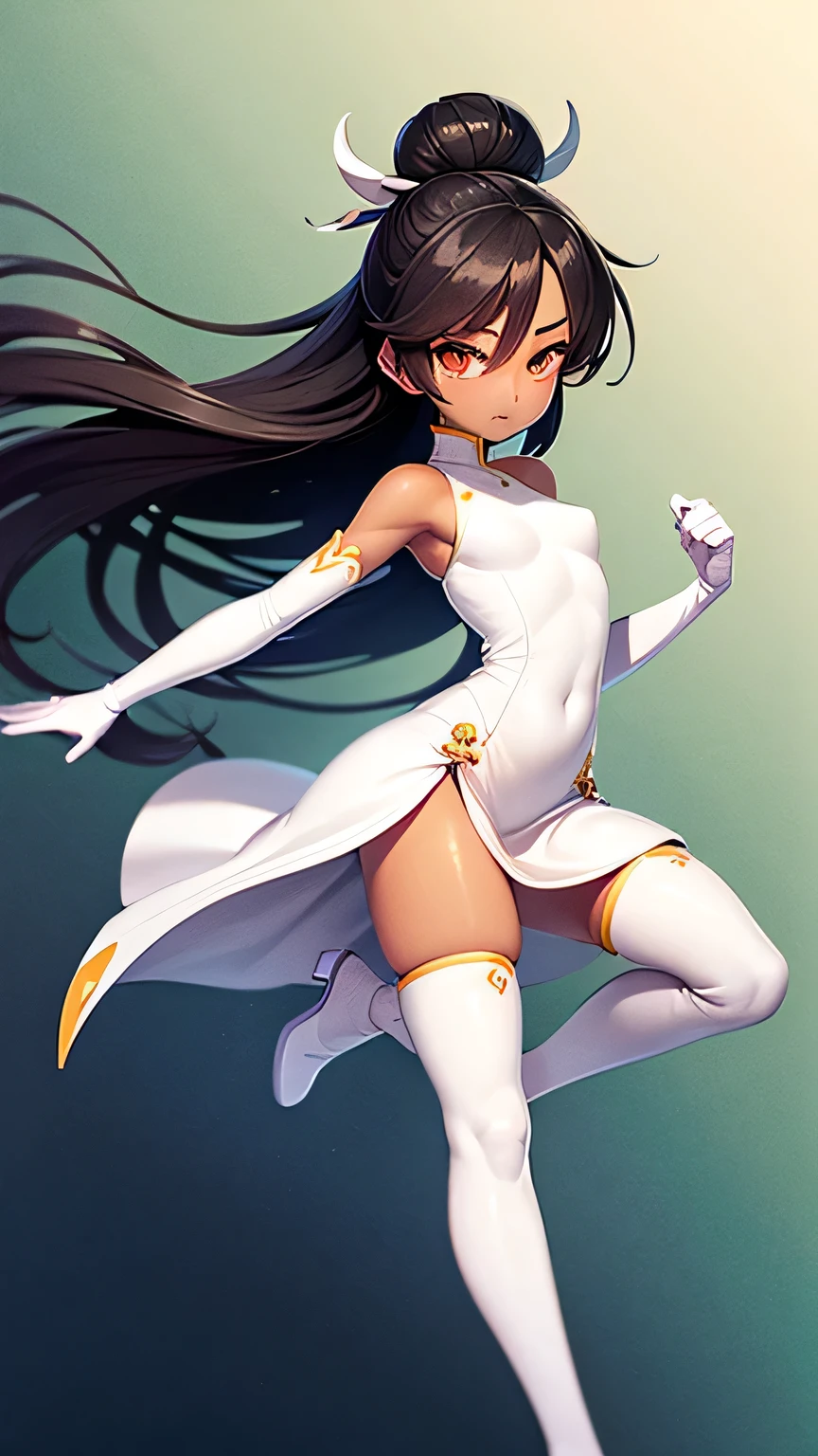 Highest quality、Realistic、woman、zoom、Orange eyes、Black Hair、Bun Hair、White Chinese Dress、thin、Small breasts、Sunburn。Dark Skin、、White long gloves、White long boots、