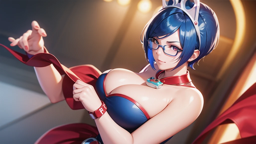 (at night), alone, in a video game scene a background of a beautiful city during the day raining, standing at attention, semi-short blue hair, anime frog face blouse, white flared pants, wears blue exercise gloves, has round glasses on her head, WEARS a RED scarf around her neck, huge belt with big round evilla, ((blue hair)), 1 girl, alone, 20 years old, young woman, perfect hands, beautiful fingers, long beautiful legs, beautiful body, beautiful nose, beautiful character design, perfect face, look at viewer with serious gesture and in attack position (focusing on his face), closed mouth, Light_Smile, official art, extremely detailed CG unity 8k wallpaper, lighting perfect, bright and colorful front lighting, shiny skin (masterpiece: 1.0), (best_quality: 1.0), ultra-high resolution, 4K, ultra-detailed photography, 8K, HDR, high resolution, nonsense: 1.2, Kodak portra 400, grain film, blurred background, bokeh: 1.2, lens flare, (vibrant_color:1.2), professional photography, (beautiful_face: 1.5), (narrow waist),
