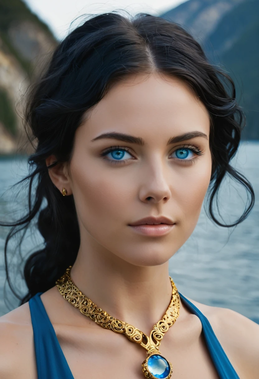 profile photo - persuasion, emotion, without showing face, only with eyes or mouth shows that has a strong connection. A woman with beautiful striking blue eyes, wavy black hair. Based on the predominant archetypes of Sage and Explorer, Elements:
Water and Earth: Healing, nourishment and stability.
Dark Blue and Gold Colors: Reliability, wisdom and excellence.
Symbols
Power, knowledge, exploration and care. Realistic woman, full HD with an air of naturalness Colors and Symbols:
Gold and Blue: Convey power, leadership and confidence.
Crown, Throne, Scepter: Symbolize authority and control.
Elements:
Fire and Earth: Energy, determination and stability, but natural image, everything sophisticated and objects like minimalist necklaces without crown, with landscape background, explorer, water, mountains