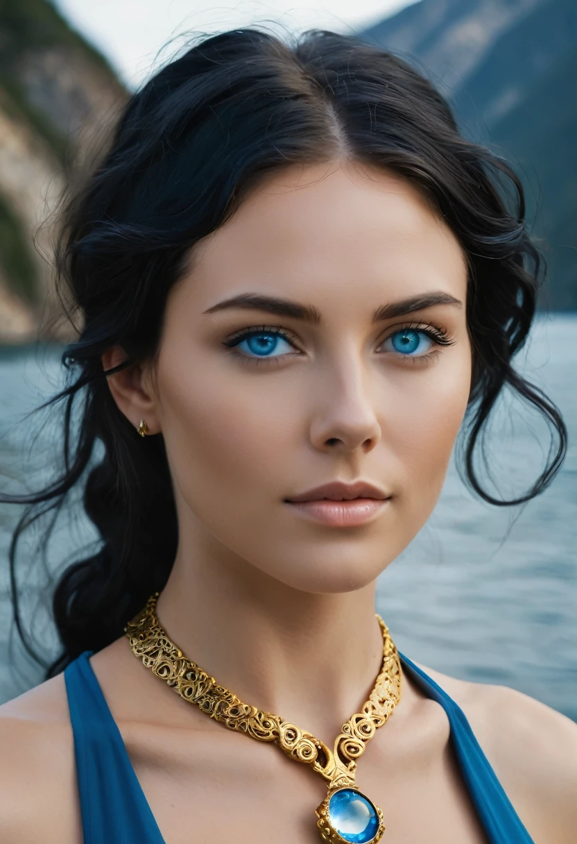 profile photo - persuasion, emotion, without showing face, only with eyes or mouth shows that has a strong connection. A woman with beautiful striking blue eyes, wavy black hair. Based on the predominant archetypes of Sage and Explorer, Elements:
Water and Earth: Healing, nourishment and stability.
Dark Blue and Gold Colors: Reliability, wisdom and excellence.
Symbols
Power, knowledge, exploration and care. Realistic woman, full HD with an air of naturalness Colors and Symbols:

Gold and Blue: Convey power, leadership and confidence.
Crown, Throne, Scepter: Symbolize authority and control.
Elements:

Fire and Earth: Energy, determination and stability, but natural image, everything sophisticated and objects like minimalist necklaces without crown, with landscape background, explorer, water, mountains