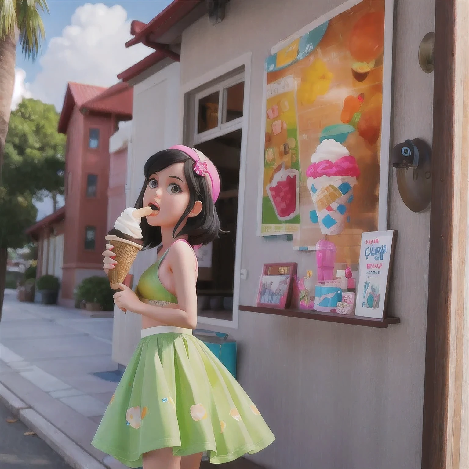 girl in a bikini eating an ice cream cone, eating ice cream, in a bikini, angela white, giorgia meloni, katy perry, in bikini, eating ice - cream, wearing spandex bikini, ice cream on the side, bikini, ice cream, wearing a bikini, candid photo of dirty, shiny plastic bikini, candid shot, cone, 1 girl, solo,in a green dress standing by a wall,portrait of female idol