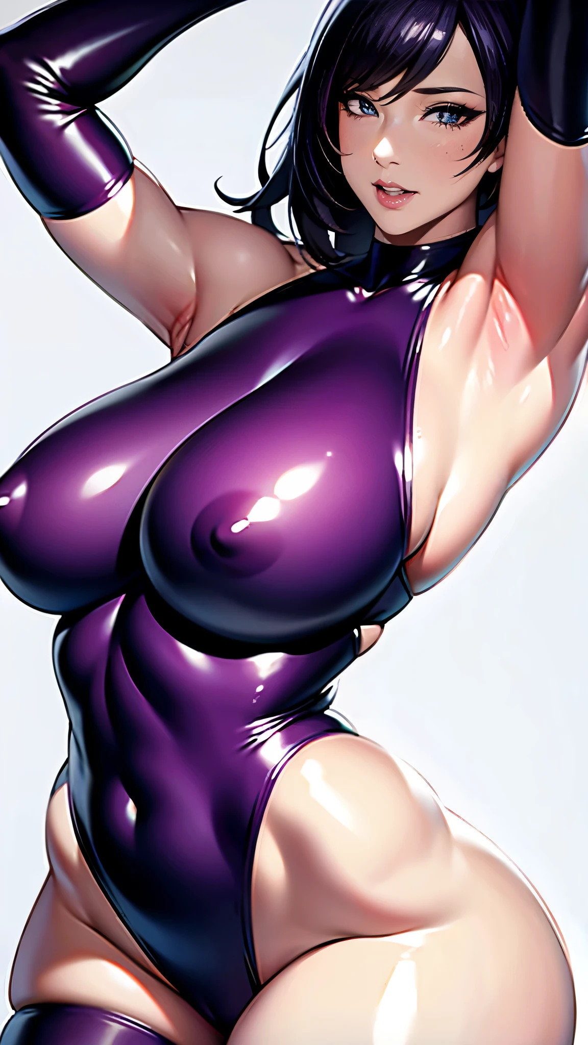 (masterpiece:1.2, Highest quality,High resolution,Very detailed),8k,wallpaper,1 female,Mature Woman,Big Breasts,Thick thighs,Beautiful Face,Detailed face,Long eyelashes,Droopy eyes,Beautiful Eyes,(((Extremely obscene and lewd content))),((Dreamy look)),(Very shiny purple latex bodysuit),(Detailed hands),(Hand,detailed,perfect,perfection,hands),(arching back:1.3),(White background:1.6)