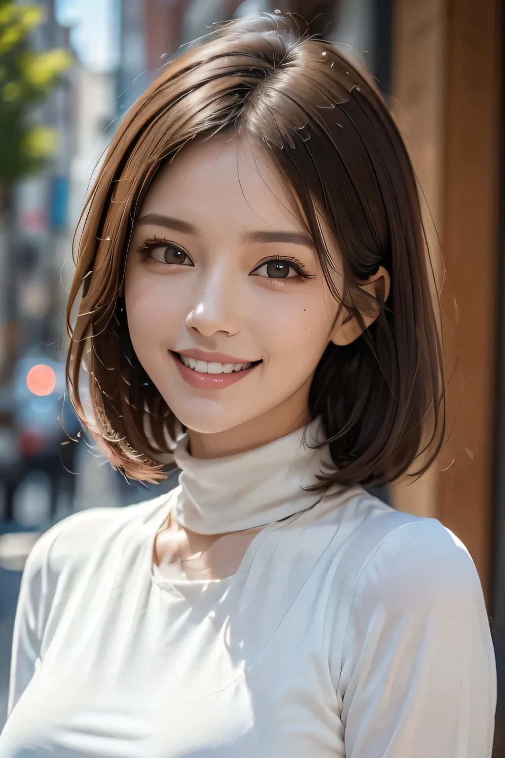 Very detailed, beautiful, Highest quality, detailed beautiful round eyes, beautiful detailed face, Whole Body Ezbian, 1 female, Bob Hair, (Random color hair, Golden mesh), Big eyes, Random color eyes, Long eyelashes, Thick mascara, Dark eyeliner, Large Breasts, Toned thighs, 40 years old, (Turtleneck tight dress), Perfect Face, Perfect body, Sexy pose, (Charming smile), Random Location, nature, (Background Asahi), (alone), ((masterpiece, Highest quality, High resolution, Pixel perfect, 8k,))