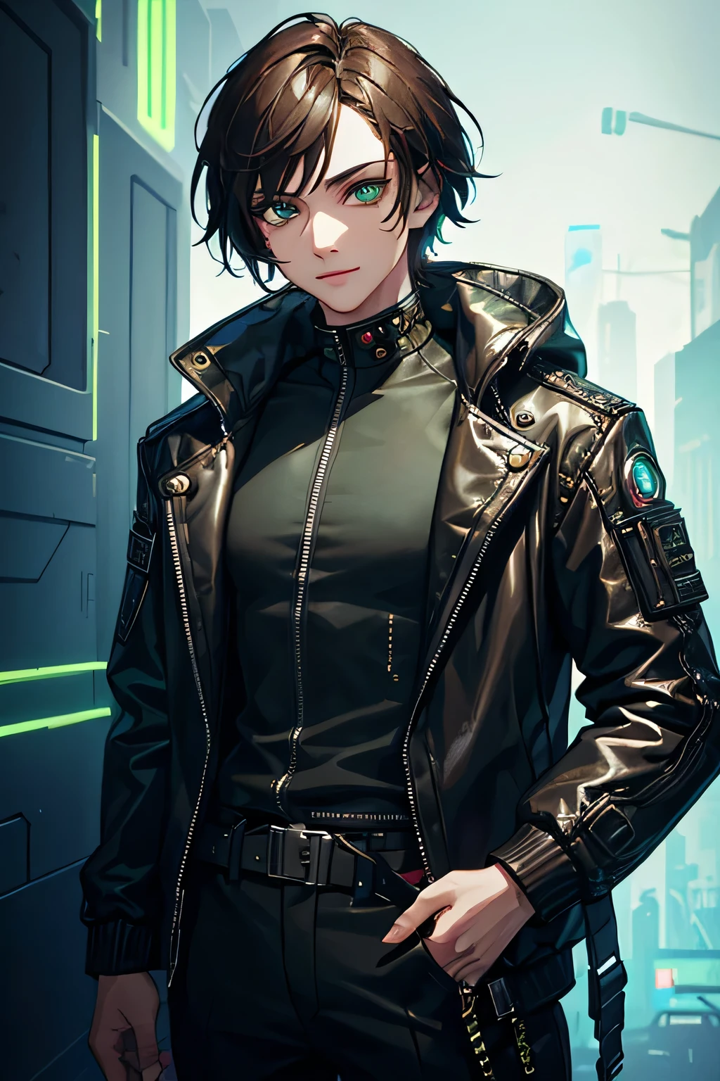masterpiece, best quality, detailed clothes,1boy, male, boy, brown-green eyes, dark brown hair, solo, short hair, smiling, jacket,jacket,jacket intricate))))((detailed outfit,detailed clothes, male cyberpunk gear, cyberpunk clothes, neon cyberpunk background, cyberpunk style, cyberpunk