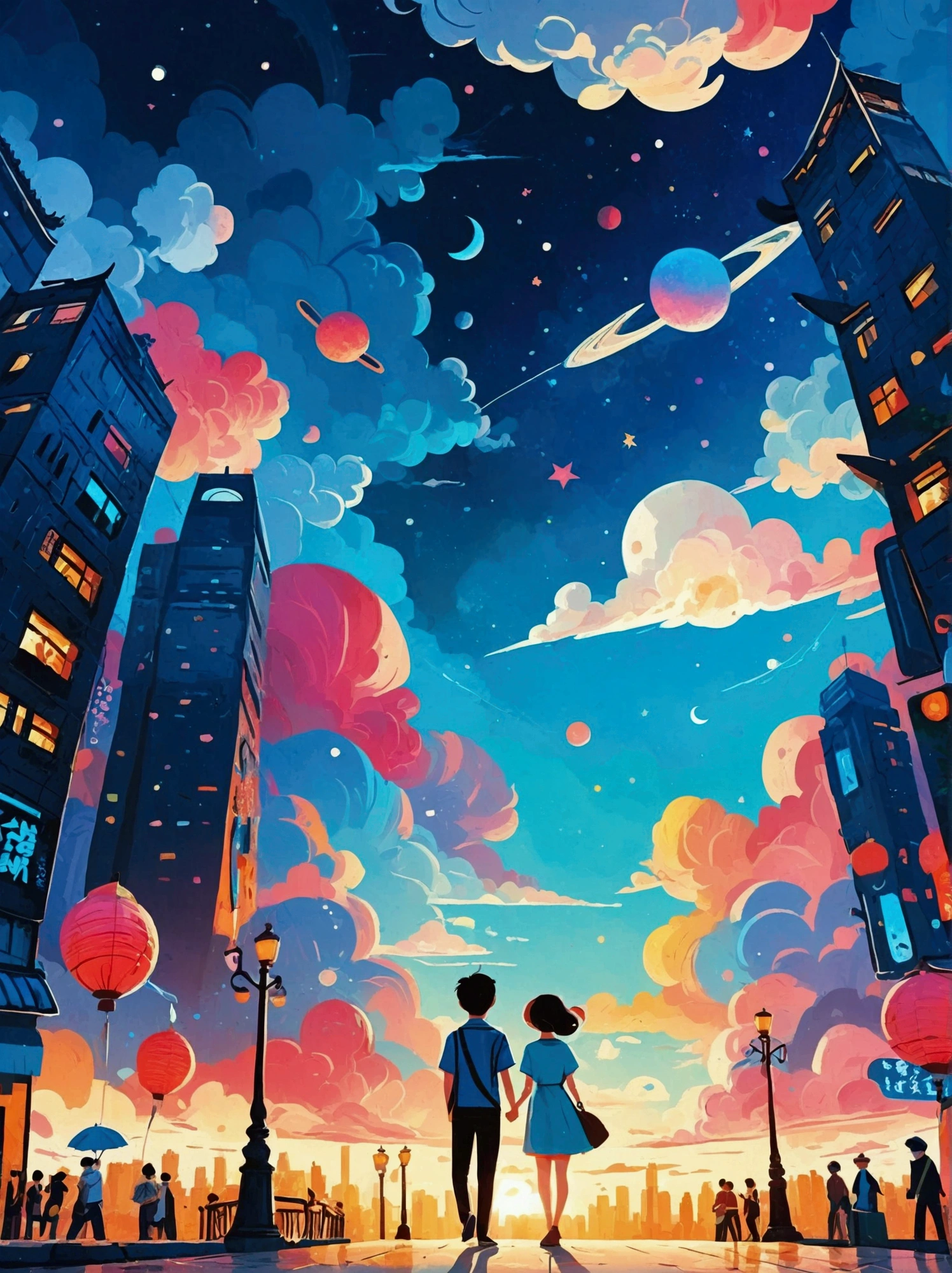 (8k,Bright colors,Bright,Ultra high saturation,rgb, Colorful), Cartoon, Character Design, Surreal photos,Matt Boles' comics,Simple,clean,soft,Exquisite,Summer Night,The deep blue sky is dotted with stars,A couple taking photos close up,Many pedestrians around,The background is the city landmark Beijing,full of romantic atmosphere,Detailed clouds and sky,Sense of space,White space,interesting,Innocence,Psychedelic Art,可爱的Q版Cartoon风格,Simple的背景,Colorful illustrations, Bright colors, Full body image, HD, High-resolution images in a Q-version style