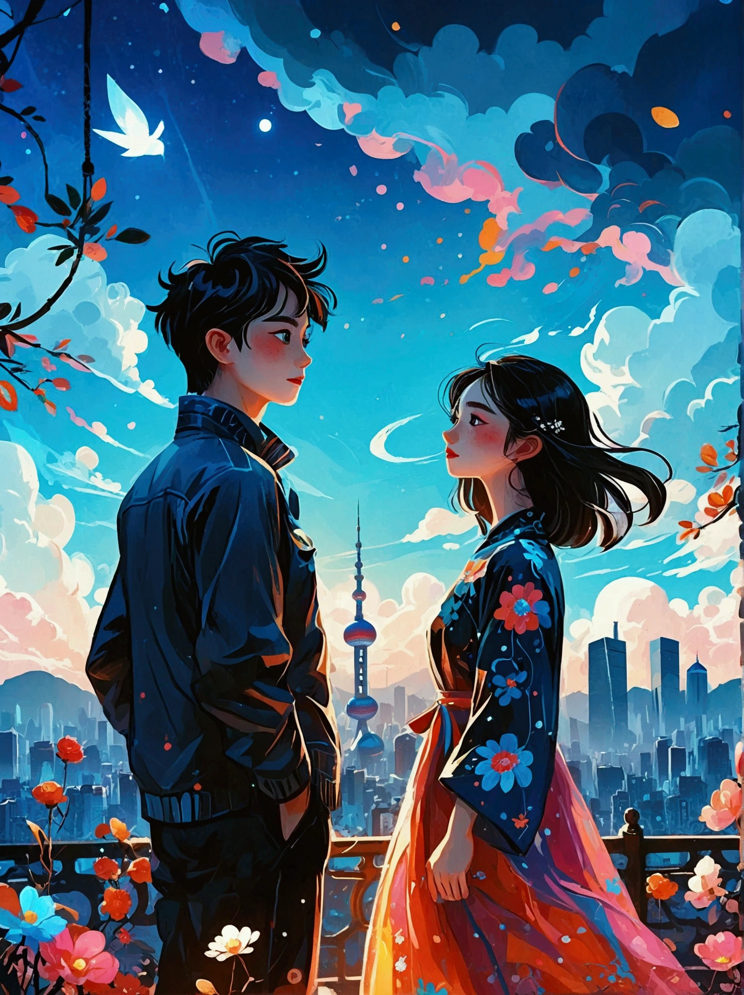 (8k,Bright colors,Bright,Ultra high saturation,rgb, Colorful), Cartoon, Character Design, Surreal photos,Matt Boles' comics,Simple,clean,soft,Exquisite,Summer Night,The deep blue sky is dotted with stars,A couple taking photos close up,Many pedestrians around,The background is the city landmark Beijing,full of romantic atmosphere,Detailed clouds and sky,Sense of space,White space,interesting,Innocence,Psychedelic Art,可爱的Q版Cartoon风格,Simple的背景,Colorful illustrations, Bright colors, Full body image, HD, High-resolution images in a Q-version style