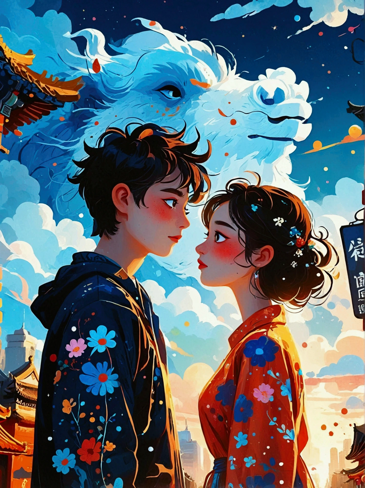 (8k,Bright colors,Bright,Ultra high saturation,rgb, Colorful), Cartoon, Character Design, Surreal photos,Matt Boles' comics,Simple,clean,soft,Exquisite,Summer Night,The deep blue sky is dotted with stars,A couple taking photos close up,Many pedestrians around,The background is the city landmark Beijing,full of romantic atmosphere,Detailed clouds and sky,Sense of space,White space,interesting,Innocence,Psychedelic Art,可爱的Q版Cartoon风格,Simple的背景,Colorful illustrations, Bright colors, Full body image, HD, High-resolution images in a Q-version style
