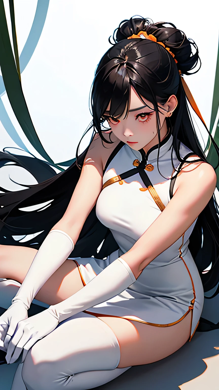 Highest quality、Realistic、woman、zoom、Orange eyes、Black Hair、Bun Hair、White Chinese Dress、thin、Small breasts、Sunburn。Dark Skin、、White long gloves、White long boots、