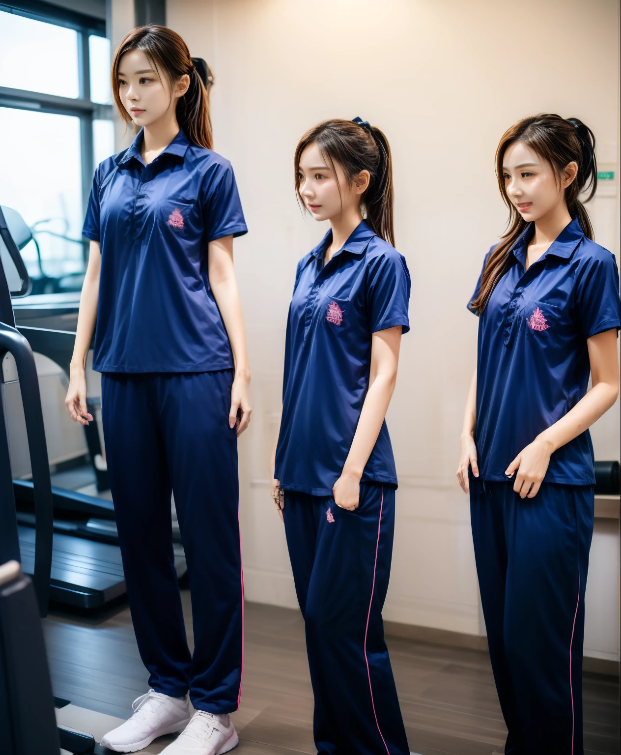 3 girls in fitness center, Navy blue short-sleeved shirt,Navy Long Trackpant,Sweatpants, Sweatpantsขายาว,25 year old girl, lesbian, sexy, exercise clothes, wet body, exercise clothes
