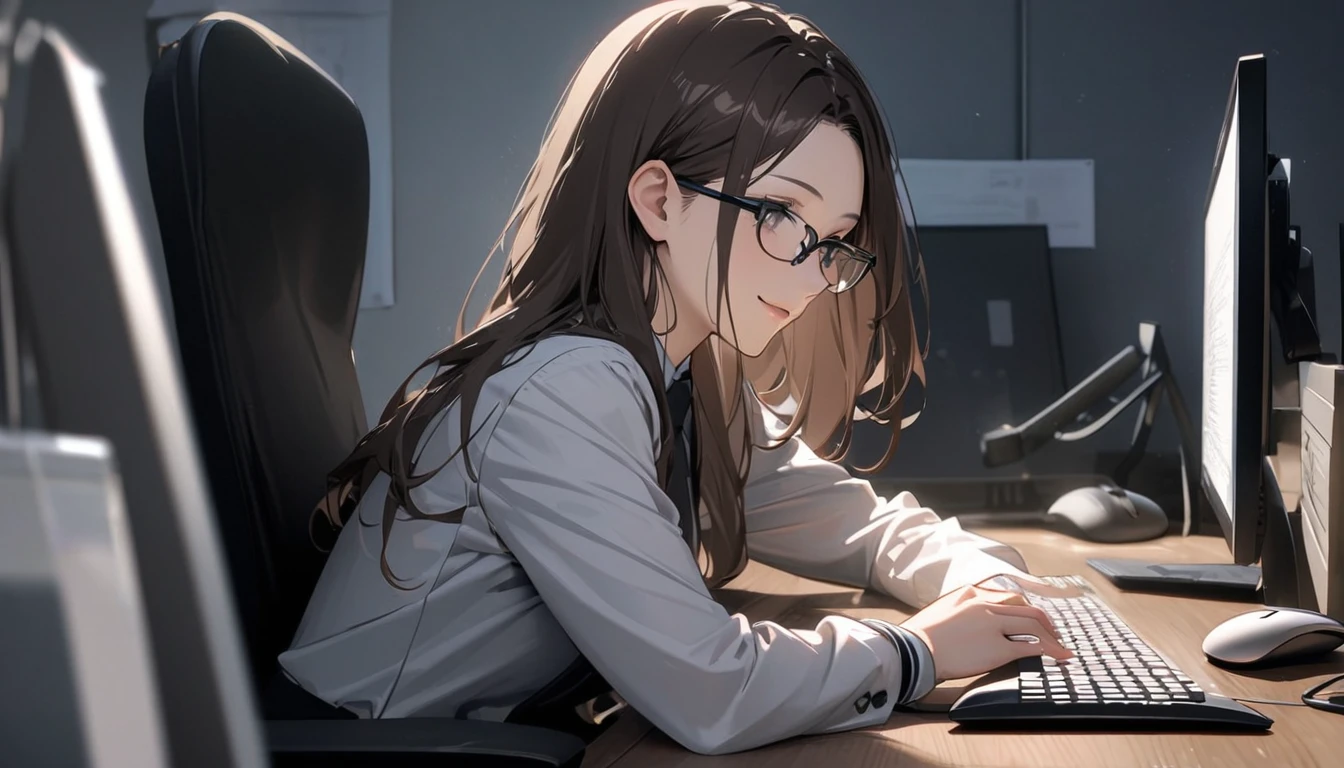 パソコンで仕事をするProfessionalグラマー,Portraiture,Professional,Wearing a smart suit,Stylish glasses,Typing on a sophisticated computer,Use a wireless mouse,Sitting at a modern desk,A soft smile,Soft natural light,High resolution,High resolution,Very detailed.One Woman ,alone, Dark brown hair
