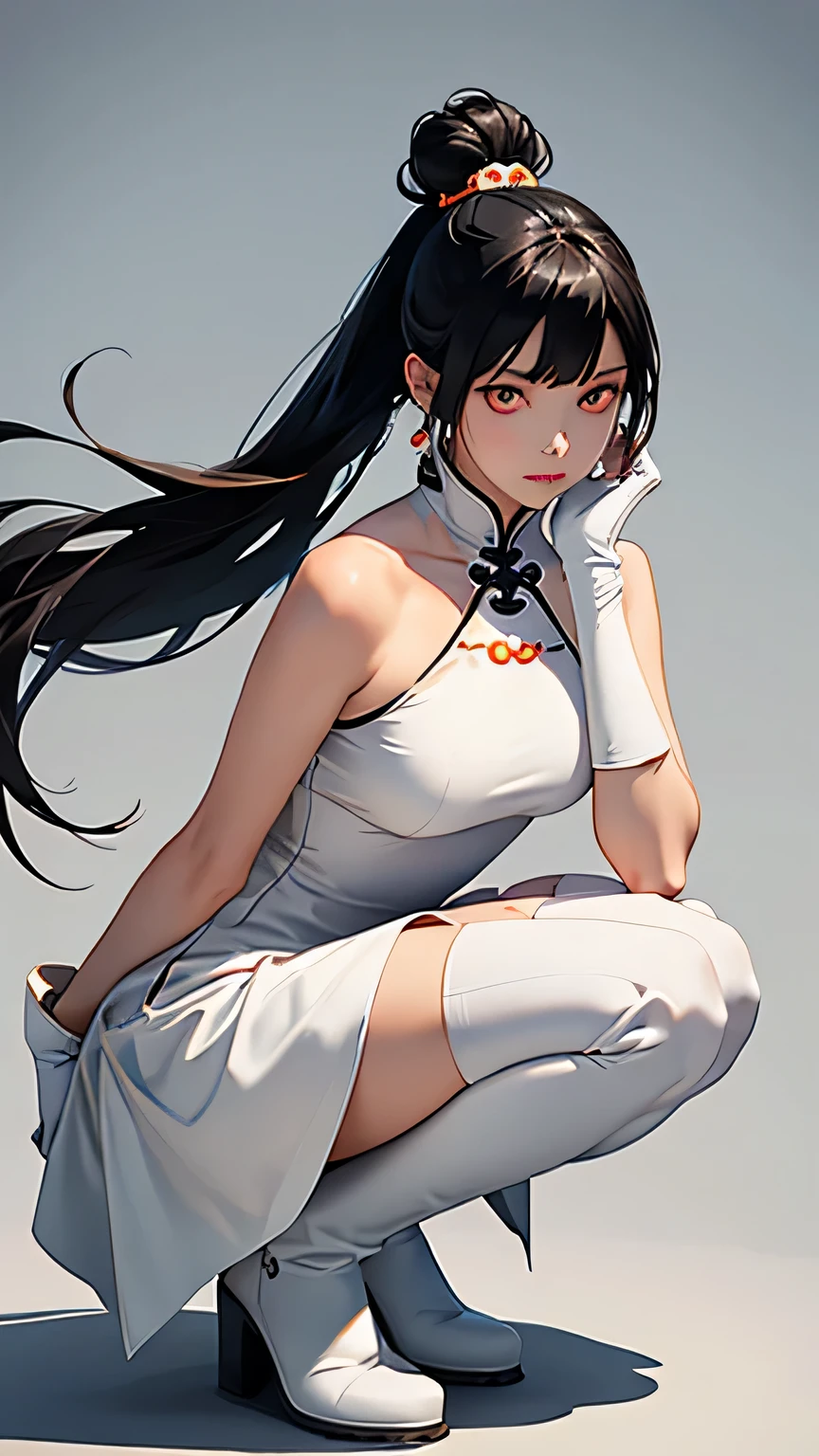 Highest quality、Realistic、woman、zoom、Orange eyes、Black Hair、Bun Hair、White Chinese Dress、thin、Small breasts、Sunburn。Dark Skin、、White long gloves、White long boots、