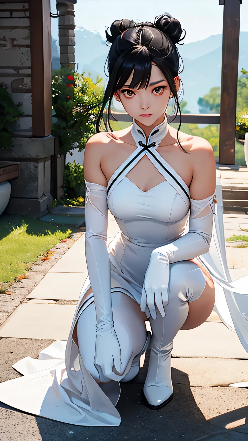 Highest quality、Realistic、woman、zoom、Orange eyes、Black Hair、Bun Hair、White Chinese Dress、thin、Small breasts、Sunburn。Dark Skin、、White long gloves、White long boots、