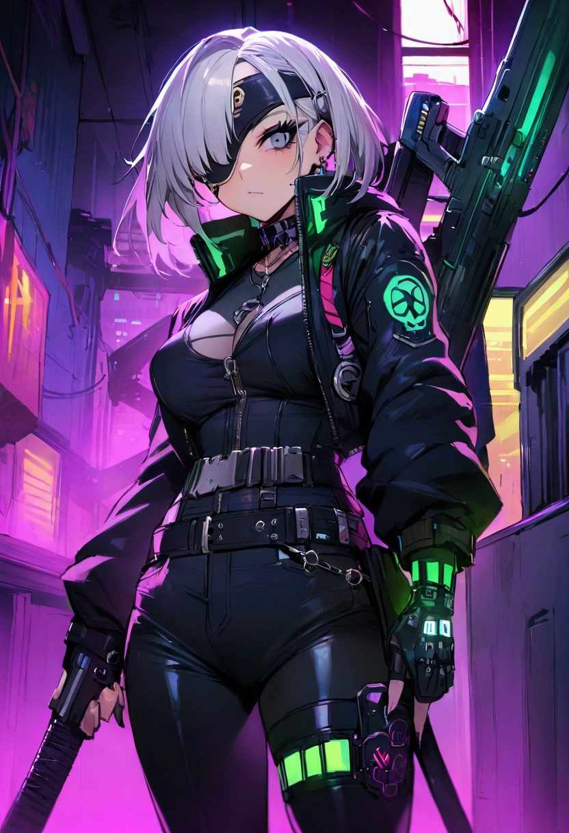 masterpiece,Highest quality,Super quality,cyber punk,Tattoo,Eye patch,Silver Hair,Actually a good guy,Have a weapon