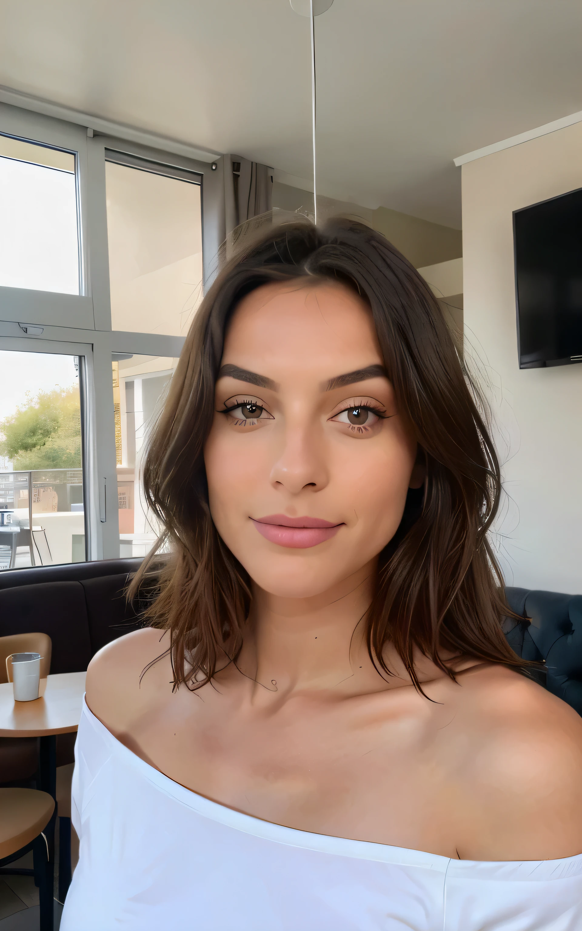 Beautiful brunette wearing a beige sweater (in a modern cafe at sunset), very detaillede, 21 years old, inoccent face, natural wavy hair, greeneyes, high resolution, Masterpiece artwork, better quality, details Intricate, very detailled, sharp focus, skin detailed, texture de peau realisitic, texture, detailedeyes, proffesional, 4K, charming smile, filmed in Canon, 85mm, Shallow depth of field, Kodak Vision Colors, perfectly fitted body, extremely detaild, fotr_\(ultra\), photorealisitic, realisitic, after treatment, Maximum details, roughness, real-life, ultra realisitic, fotorrealism, fot, 8k, ah, fot, bare one shoulder, very small neckline, witheout panties, sexly, Flirts with the camera, regarde sexly, look directly into the camera, open face, do not wear underwear, nipple visible under t-shirt, 
