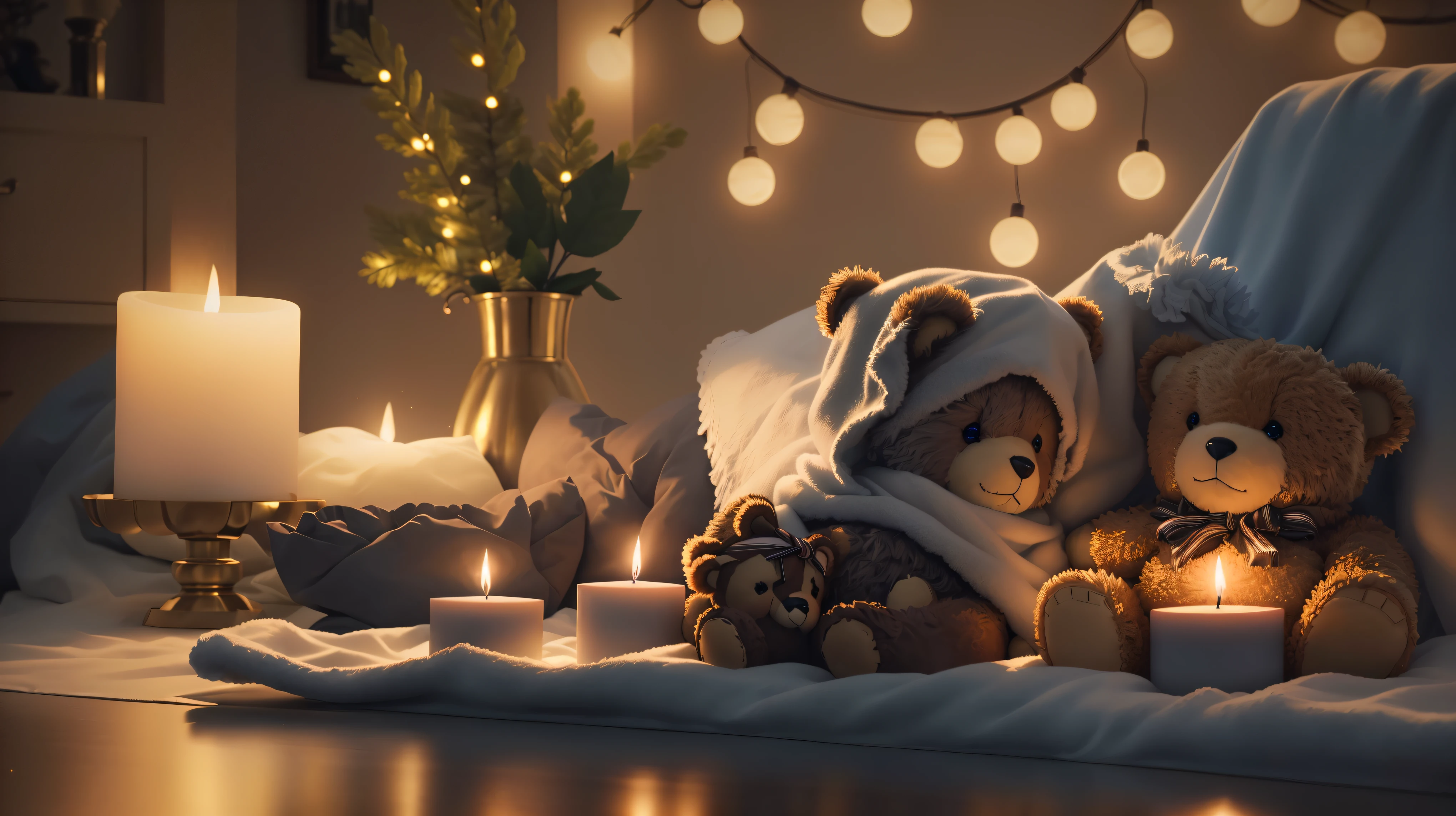 There are two teddy bears sitting on a blanket with a candle, Cozy candlelight, Cozy home background, cozy wallpaper, Cute 3D rendering, v-rayでレンダリング, Cozy environment, Cozy atmosphere, Christmas Night, Pleasant lighting, Night atmosphere, Cozy atmosphere, Vray 8K Rendering, Unreal Engine ; Romantic Theme, Realistic soft lighting, Highly detailed soft lighting、Cute Animals