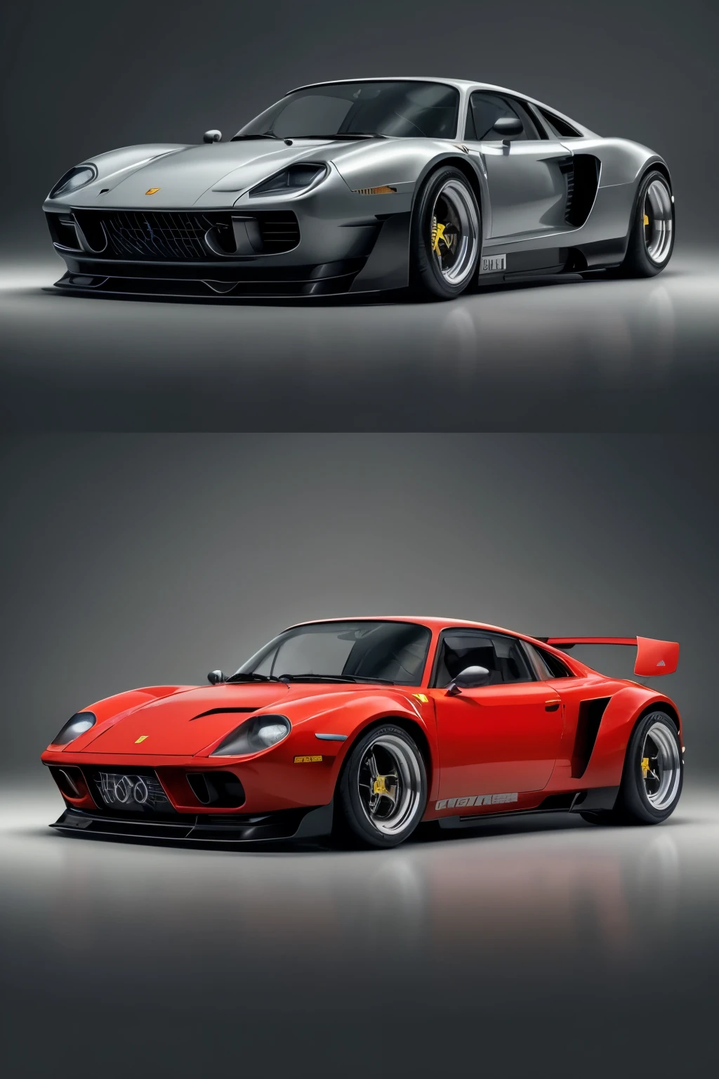 Draw a captivating fusion of Ferrari Dino, Volkswagen Fusca, and Porsche Carrera GT in three frames, capturing the essence of each iconic vehicle.

Frame 1 - Front View:
In the forefront, the fusion vehicle emerges with the menacing front grille of the Ferrari Dino, augmented by the unforgettable round headlights of the Volkswagen Fusca. The front bumper retains the Porsche Carrera GT's low profile, seamlessly integrating these distinct design elements into a harmonious whole.

Frame 2 - Side View:
From the side, the fusion car's body shape resembles
