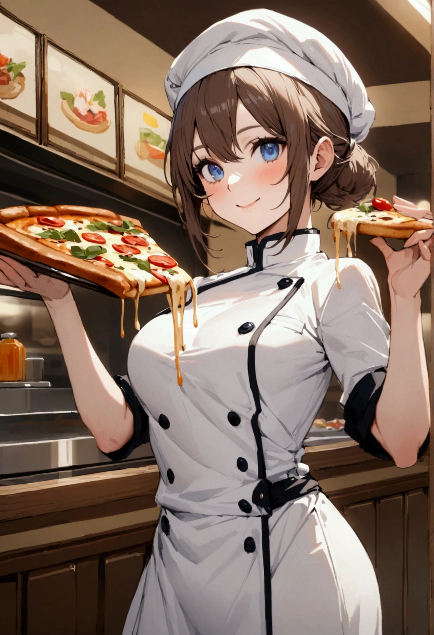 beautiful woman long brown hair in a bun blue eyes dressed in white cap, chef shirt, He is smiling, Holding a pizza in hand inside a restaurant serving elves 