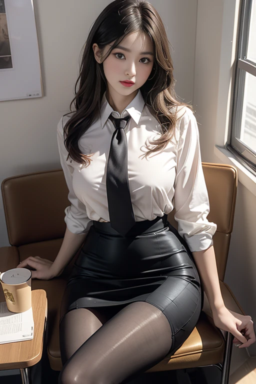 1 woman,young girl, glowing skin,medium chest,Nice leg line:1.3, thin waist,, thighs,necktie,((pencil skirt)),looking at viewer,from below,( pantyhose:1.3),(golden ratio figures),(office, sit on a chair:1.3),close range masterpiece, best quality, The best perspective, very detailed and intricate, very delicate and beautiful, best quality light, (ray tracing:1.1), anti-aliasing, realistic,photorealistic,Award-winning illustrations,(intricate details:1.2),(delicate and detailed) (intricate details),(cinematic light,best quality Backlights),clear lines,sharp focus,official art,unity 8k wallpaper,absurd,incredibly absurd,huge file size,very detailed,mackerel,extremely detailed very delicate and beautiful,RAW photos, professional lighting,dynamic lighting,light on the face,depth of field,sole focus, spread the crotch apart, touch the breasts