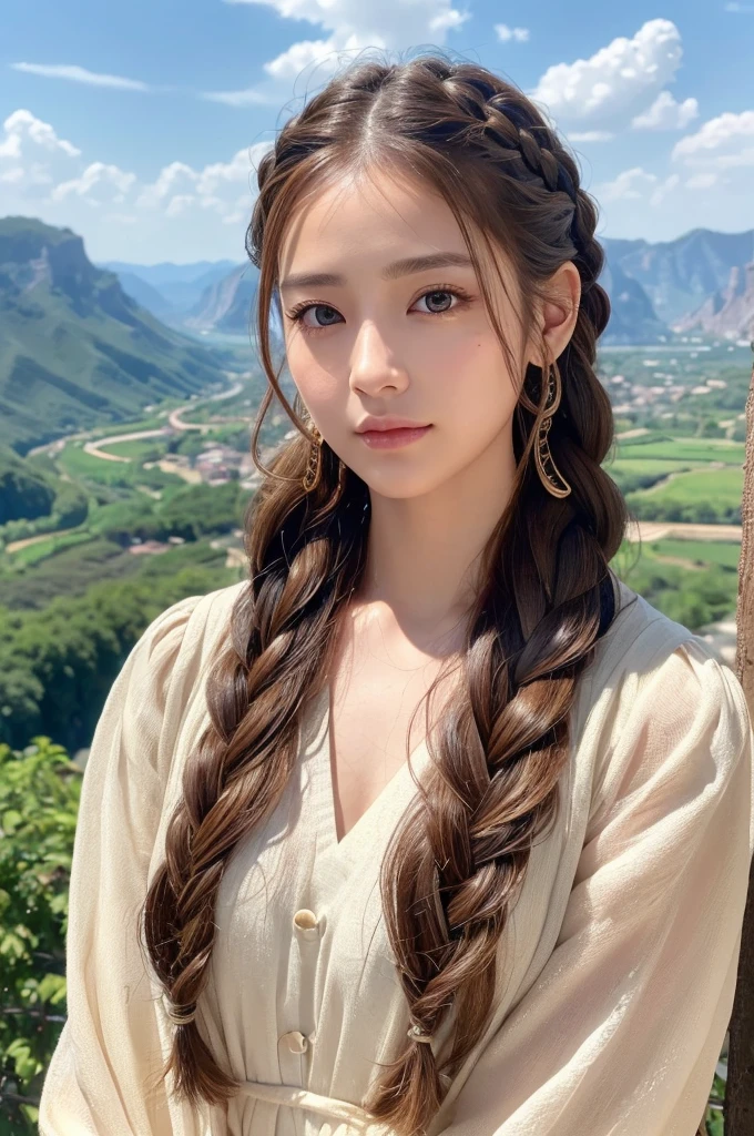 Long Hair、Braided hair、Disheveled Hair、Light brown eyes、(Dignified look)、(Highlight the valley:1.3)、blue sky、(Photorealistic)、(Intricate details:1.2)、(masterpiece、:1.3)、(Highest quality:1.4)、(Ultra-high resolution:1.2)、Ultra-high resolution、(Detailed eyes)、(Detailed facial features)、