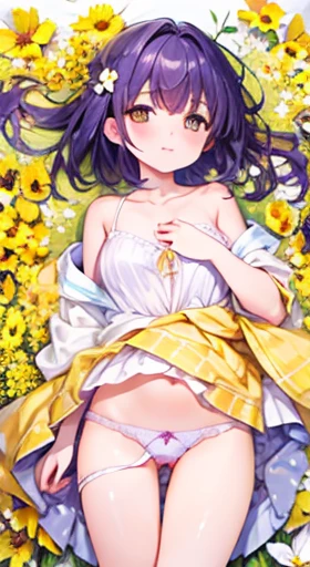 masterpiece、background（（Amazing starry sky、Cosmo Etheol Swarm、Sparkling yellow flowers everywhere、Flower Field））、About 30 years old、Beautiful girl、Glamour、So big it seems to overflow from the clothes、A revealing yellow mini dress with stunning embroidery、No shoulders、Expose the chest、Take it off、She has a beautiful flower in her hair、Strong winds、panties、Underwear is visible