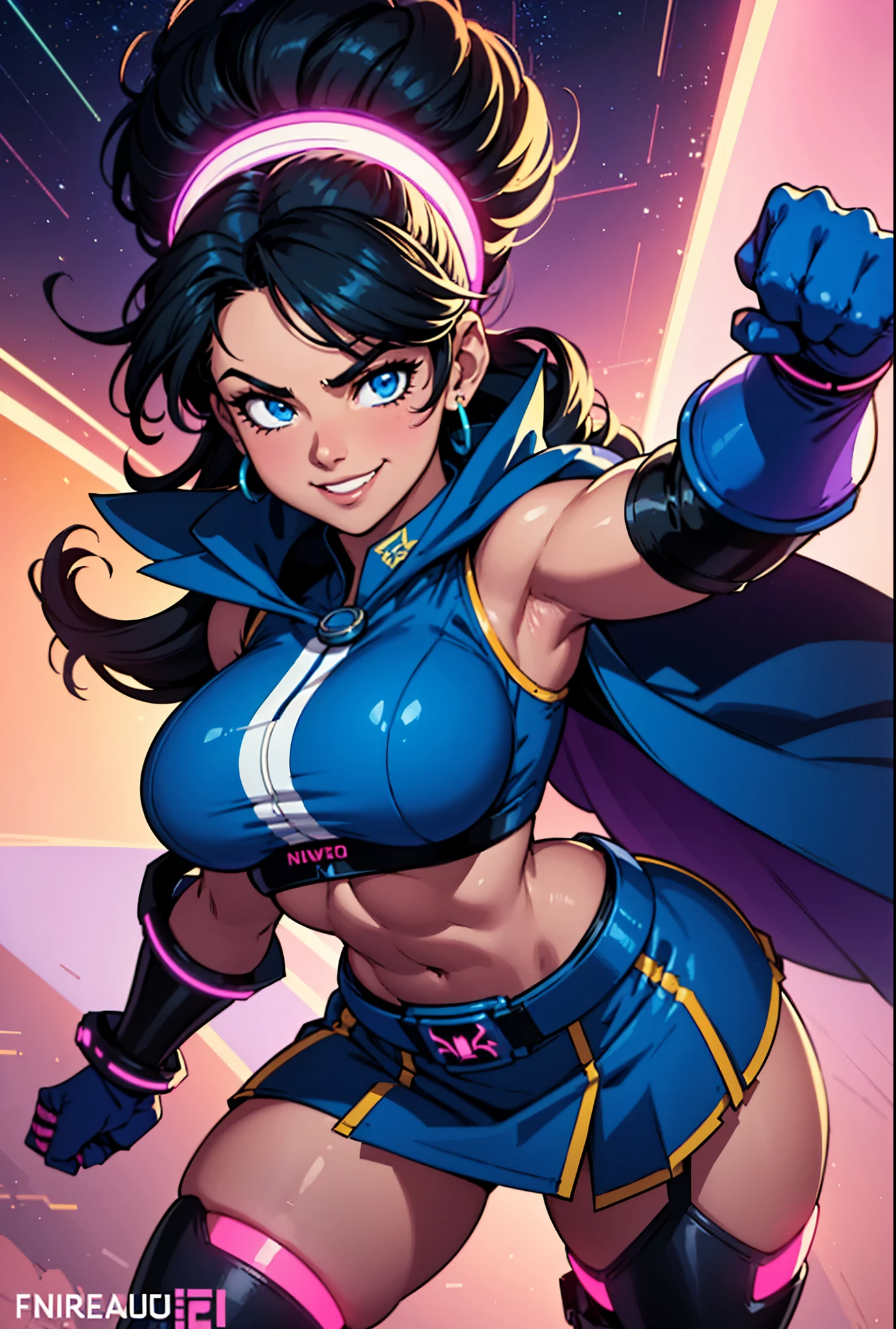 Digital painting of a girl with royal blue and black hair, Hero, Muscle Girl, Pause, Raise your fist, From above, 1 Raise your knees, Behance Contest Winner, Afrofuturism, Synthwave, neon, glowing neon, Huge saggy breasts,cape,highschool skirt,((cute smile)),