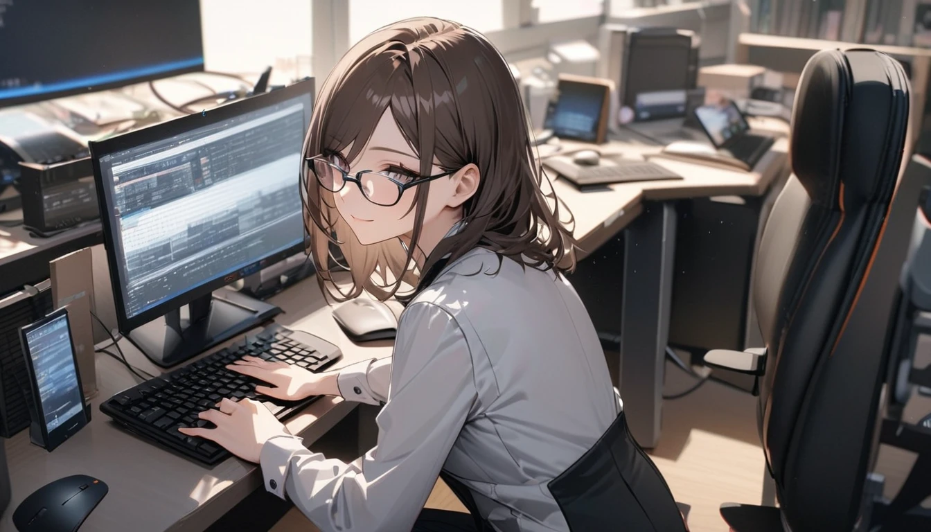 パソコンで仕事をするProfessionalグラマー,Portraiture,Professional,Wearing a smart suit,Stylish glasses,Typing on a sophisticated computer,Use a wireless mouse,Sitting at a modern desk,A soft smile,Soft natural light,High resolution,High resolution,Very detailed.One Woman ,alone, Dark brown hair ,Undistorted keyboard, focusing