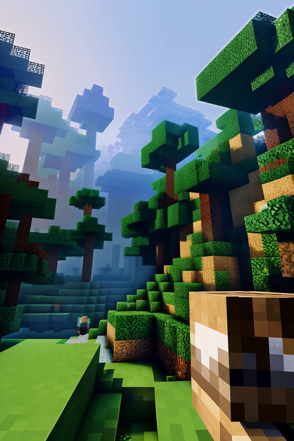 A 30-year-old Steve character from Minecraft, ((cubic)) style, ((high-definition)), ((blocky features)), green pixelated skin, short pixelated hair, ((mineral-textured)), ((cubic beard)), wearing a brown pixelated leather armor, ((contrasting light and shadow)). ((Level-up experience)), ((dynamic pose)), ((cubic-pixelated weapon)), ((pointing towards the direction)) in a pixelated forest, ((Minecraft style)), SFW, ((digital art)), ((vibrant colors)), ((pixel perfect)). ((Detailed background)), ((pixelated trees and rocks)), ((fog effect)), ((1080p resolution)),