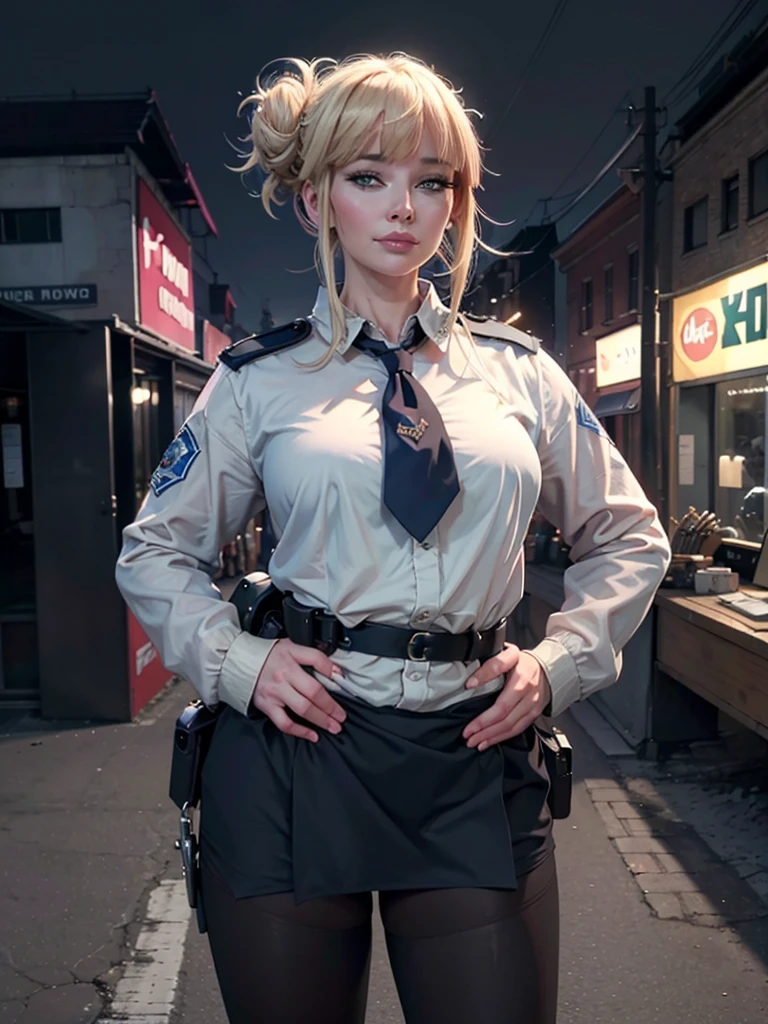Beautiful German lady, smile(1woman), (((Rebecca De Mornay))) ((22 years)), (police), (police uniform), serious, pink cheeks, Streets of the city, label, hands on hips, handcuffs on the waist, neckline, fan, Looking down at the viewer, disheveled hair, Magic hands, {{{high quality}}}, {{{ultra detailed}}}, {{{sharp focus}}}, {{{masterpiece}}}, Octane rendering, HdR, (hyperdetailed:1.15), 8k wallpaper, {an extremely delicate and beautiful}