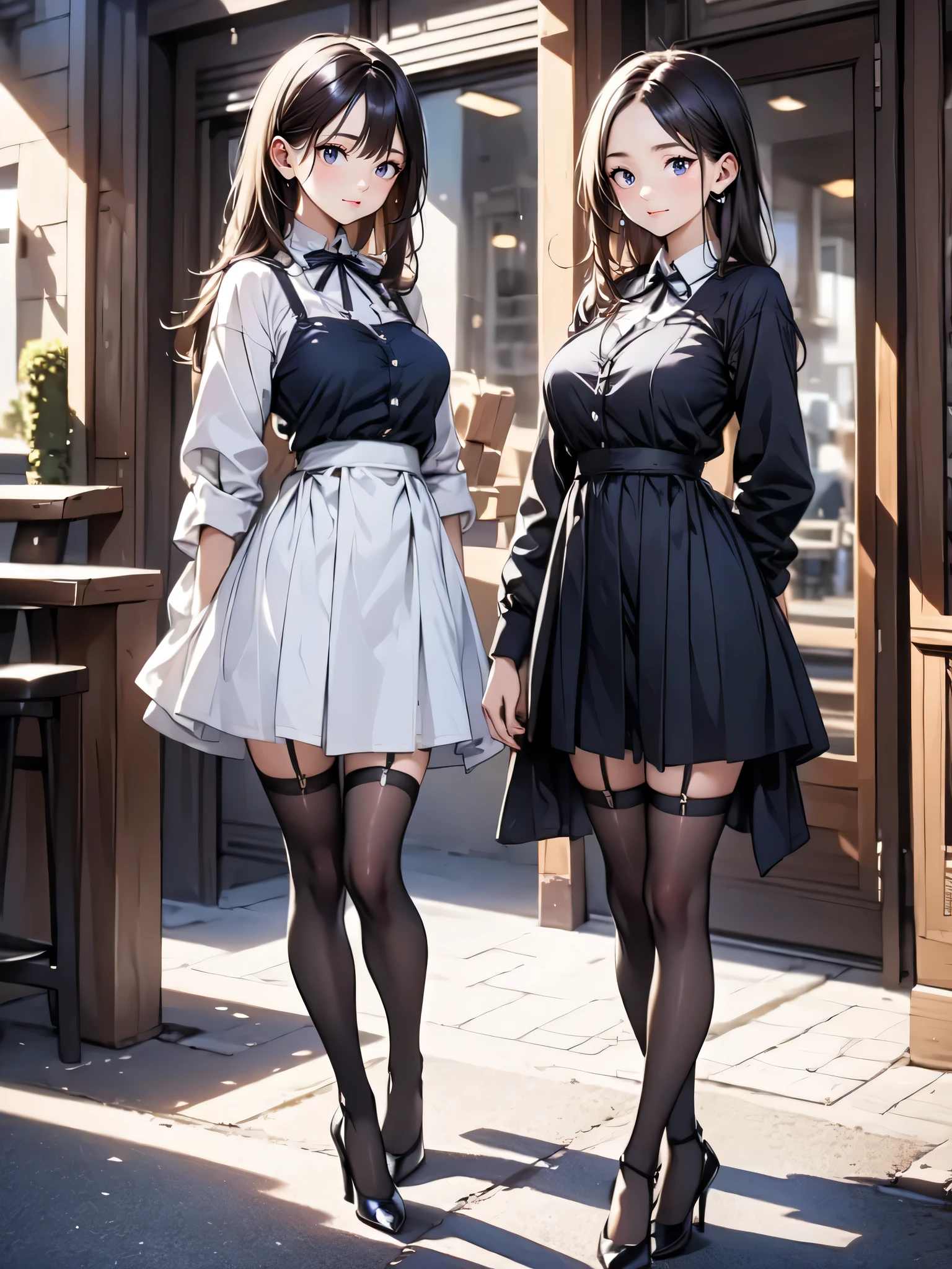 (masterpiece:1.3),(best quality, highest quality),((Full Body Shot,Including face)),1girl,4K,masterpiece,((Focus on the face)),((Symmetrical facial features)),Beautiful woman,(Slender),((High heels,Patterned stockings with straps)),Detailed depiction of the face, Cafe clerk ,In front of the entrance,profile,Long skirt,Slenderな女性,Cafe uniform