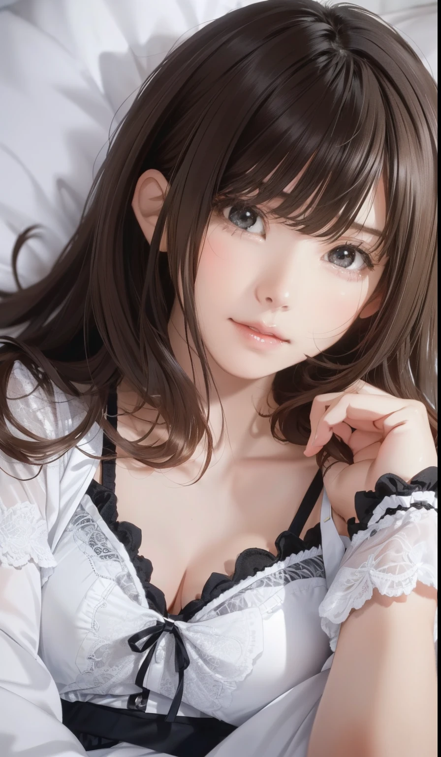 (A girl, s old, sleeping in bed:1.3), (Realistic:1.4), (masterpiece, Highest quality, Highest quality, Official Art), Very detailed, Most detailed, (Very detailed), ((Very delicate and beautiful)), Cinematic Light, (Realistically:1.3), (Highly detailed skin:1.2), High resolution, 8k ウルトラHD, 4K, 8k, Bokeh, Digital single-lens reflex camera, Absurd, Optimal ratio of four fingers to one thumb, ((Silky long hair)), (Brown Hair), tears, Beautiful Face, Perfect Face, highly detailed Beautiful Face, cute, shy,(Recall:1.4), Dynamic Angle, From above, Wearing a camisole,