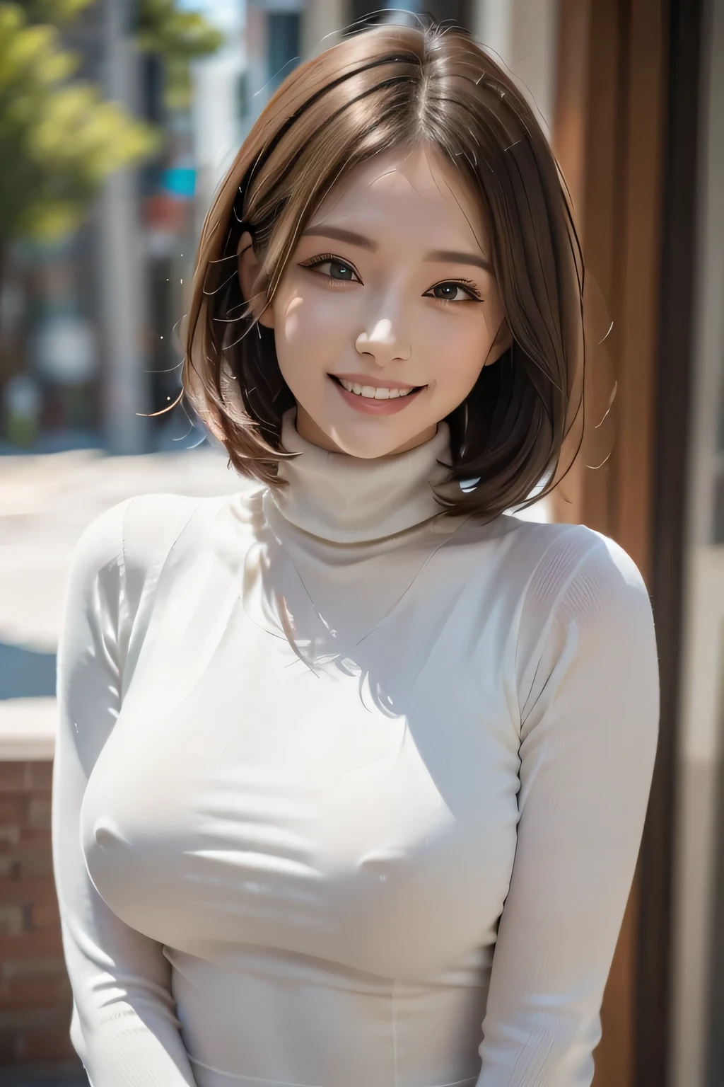 Very detailed, beautiful, Highest quality, detailed beautiful round eyes, beautiful detailed face, Whole Body Ezbian, 1 female, Bob Hair, (Random color hair, Golden mesh), Big eyes, Random color eyes, Long eyelashes, Thick mascara, Dark eyeliner, Large Breasts, Toned thighs, 40 years old, (Turtleneck tight dress), Perfect Face, Perfect body, Sexy pose, (Charming smile), Random Location, nature, (Background Asahi), (alone), ((masterpiece, Highest quality, High resolution, Pixel perfect, 8k,))