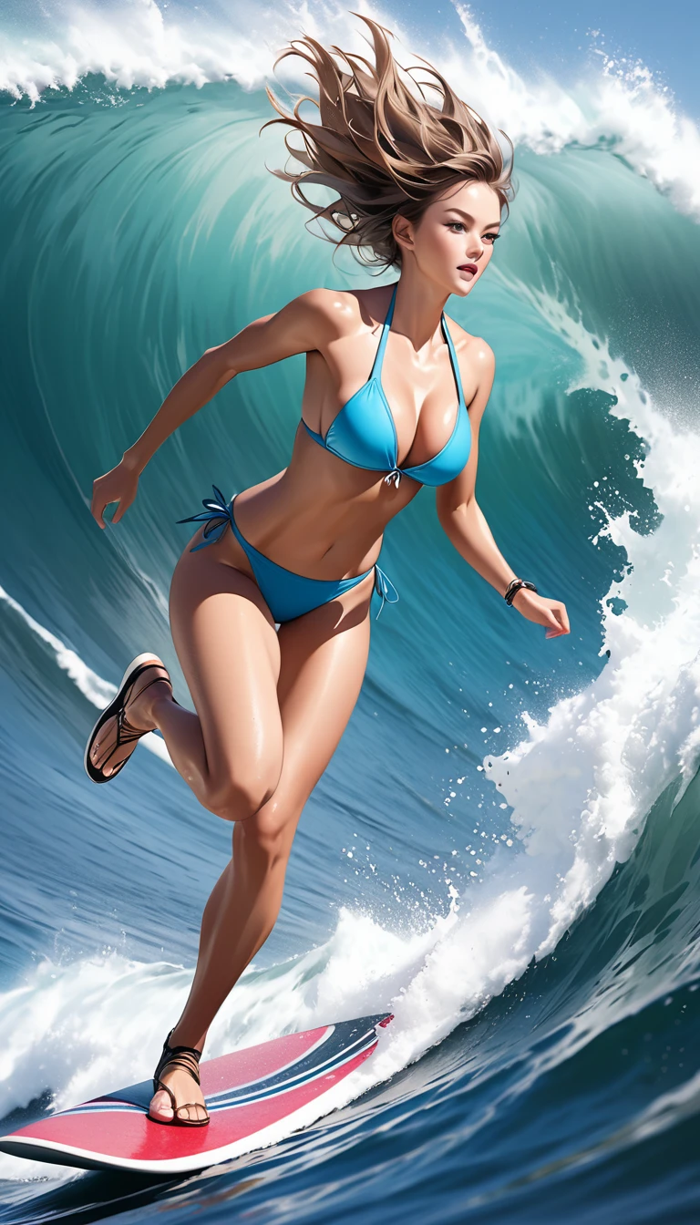 Ultra-realism, Attractive bikini figure, surfing, moving composition, Full Body Shot, ARW