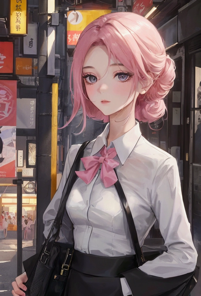 Generate an image of a masterpiece with the highest resolution possible, showcasing the stunning visuals of an Ultra-High Definition TV. Create a scene reminiscent of a movie, with the exquisite detail and texture of an 8K resolution. The image should feature a young woman in her twenties, with a perfect figure, wearing fashionable American adult clothing and having pink hair. She should be dressed in a business suit and have beautiful, sparkling eyes, thin eyebrows, and a soft smile. Emphasize the fine texture of her skin. The image should focus on her face, showing a close-up view. In the background, depict a bustling intersection in a Japanese city, capturing the vibrant atmosphere of the cityscape. Additionally, show a glimpse of her chest and include a shoulder bag as an accessory.